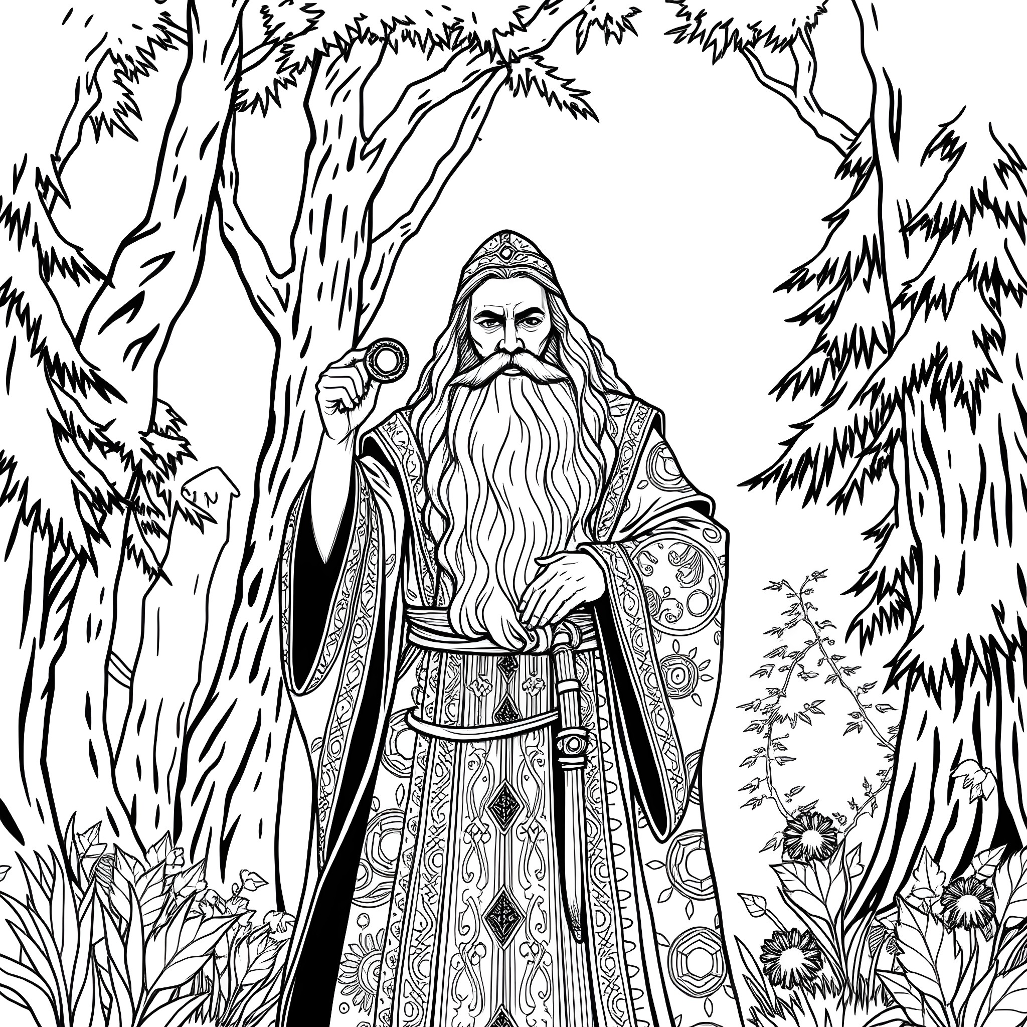 Saruman in a Mystical Forest Coloring Page (free black-and-white line drawing printable PDF for all, from beginners to advanced learners, including children, teens, adults, and seniors)