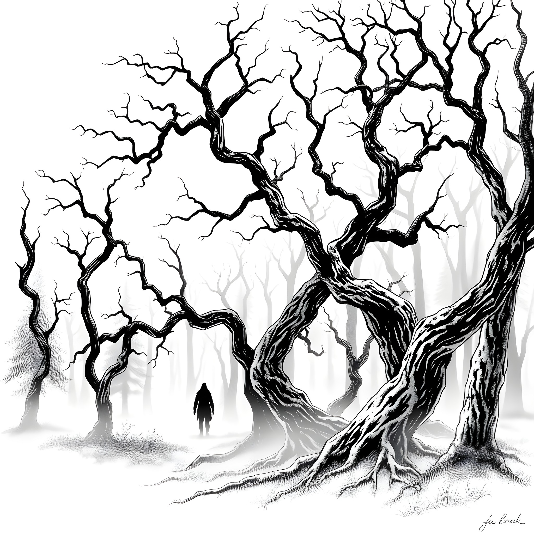 Wendigo haunting the twisted, ghostly forest Coloring Page (free black-and-white line drawing printable PDF for all, from beginners to advanced learners, including children, teens, adults, and seniors)