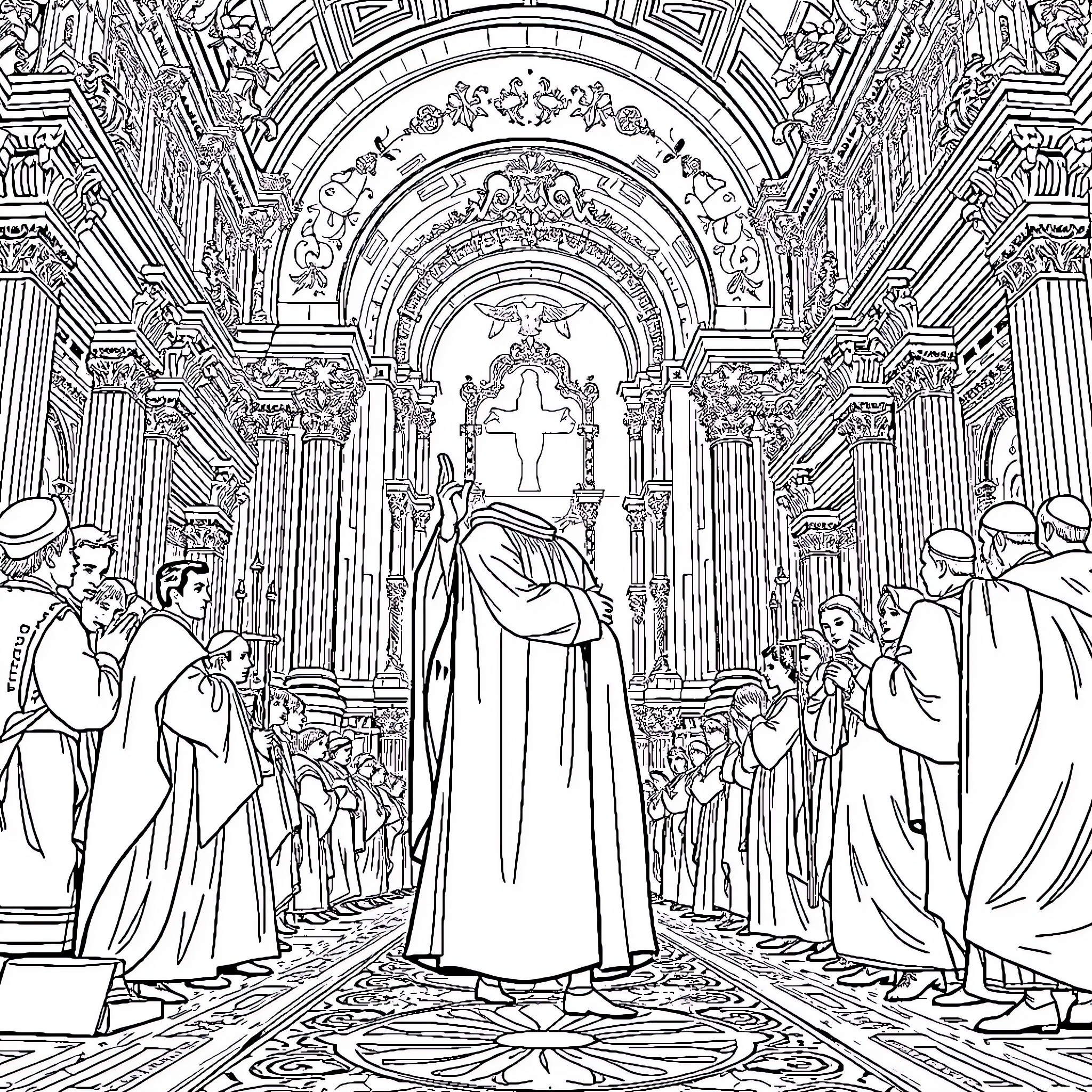 Martin Luther Preaching in a Grand Cathedral Coloring Page (free black-and-white line drawing printable PDF for all, from beginners to advanced learners, including children, teens, adults, and seniors)