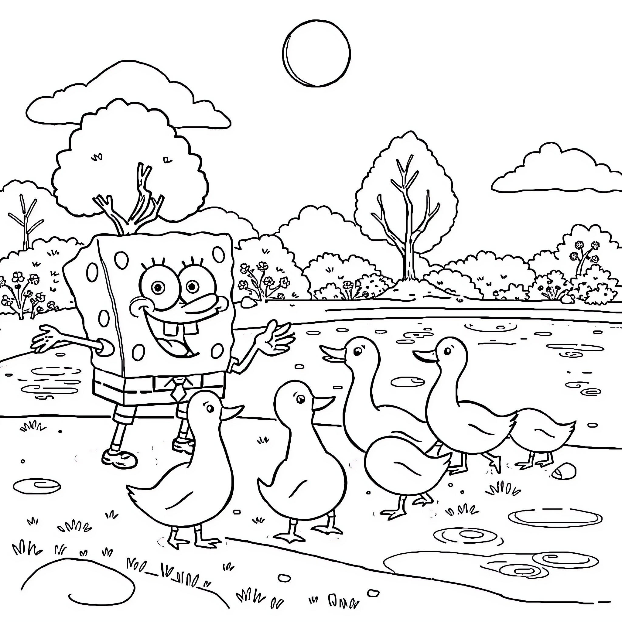 Spongebob enjoying nature with animal friends Coloring Page (free black-and-white line drawing printable PDF for all, from beginners to advanced learners, including children, teens, adults, and seniors)