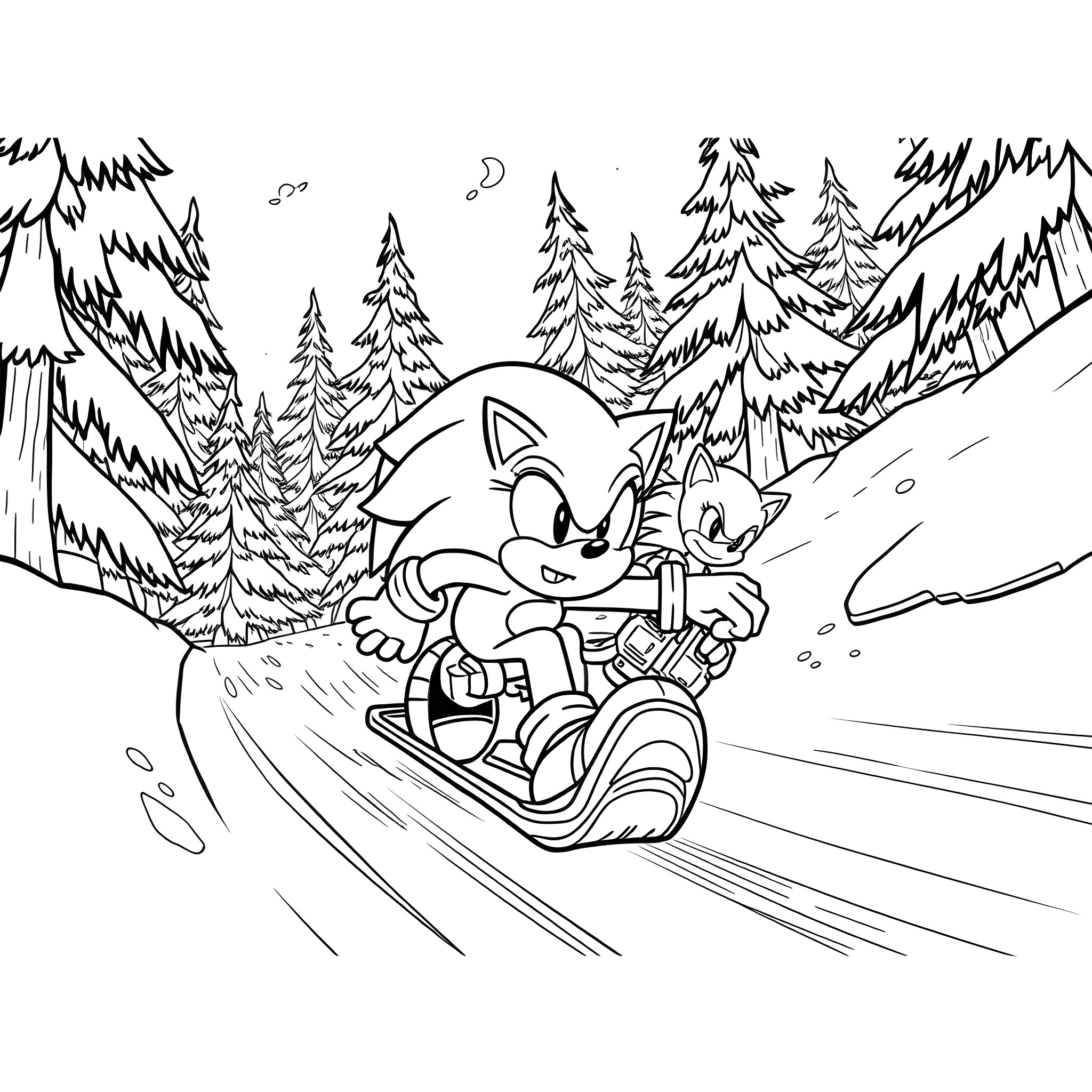 Sonic speeding through the snowy forest on a sled Coloring Page (free black-and-white line drawing printable PDF for all, from beginners to advanced learners, including children, teens, adults, and seniors)