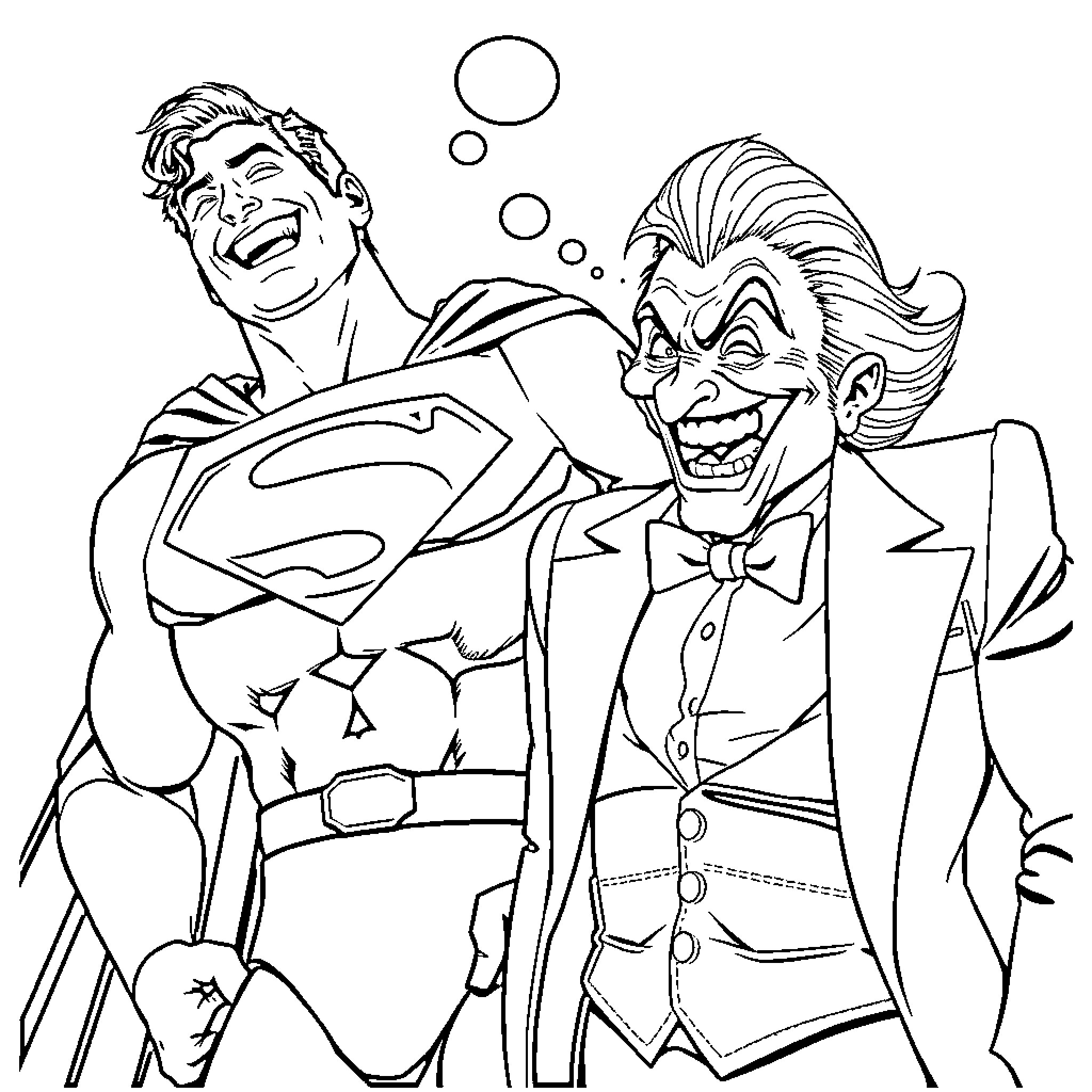 Superman and Joker in comical clash Coloring Page (free black-and-white line drawing printable PDF for all, from beginners to advanced learners, including children, teens, adults, and seniors)