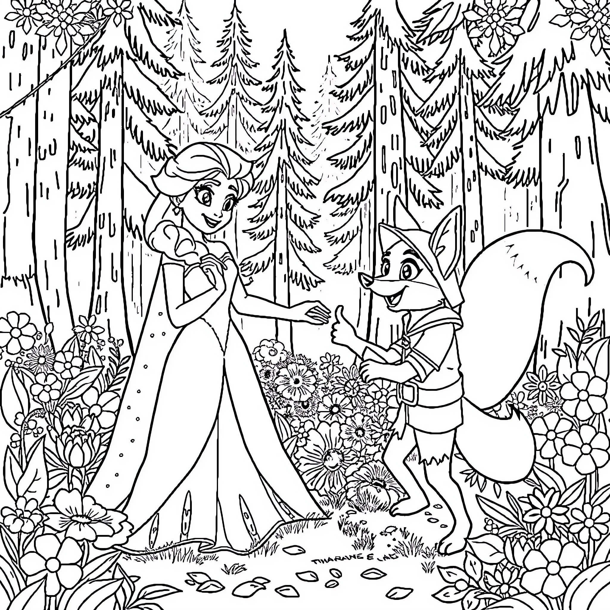 Elsa's Enchanted Forest Adventure Coloring Page (free black-and-white line drawing printable PDF for all, from beginners to advanced learners, including children, teens, adults, and seniors)