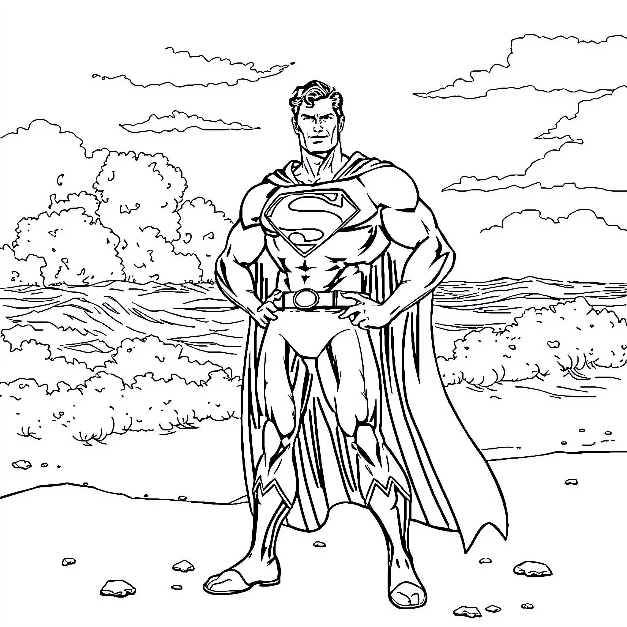 Superman stands heroically in nature's landscape Coloring Page (free black-and-white line drawing printable PDF for all, from beginners to advanced learners, including children, teens, adults, and seniors)