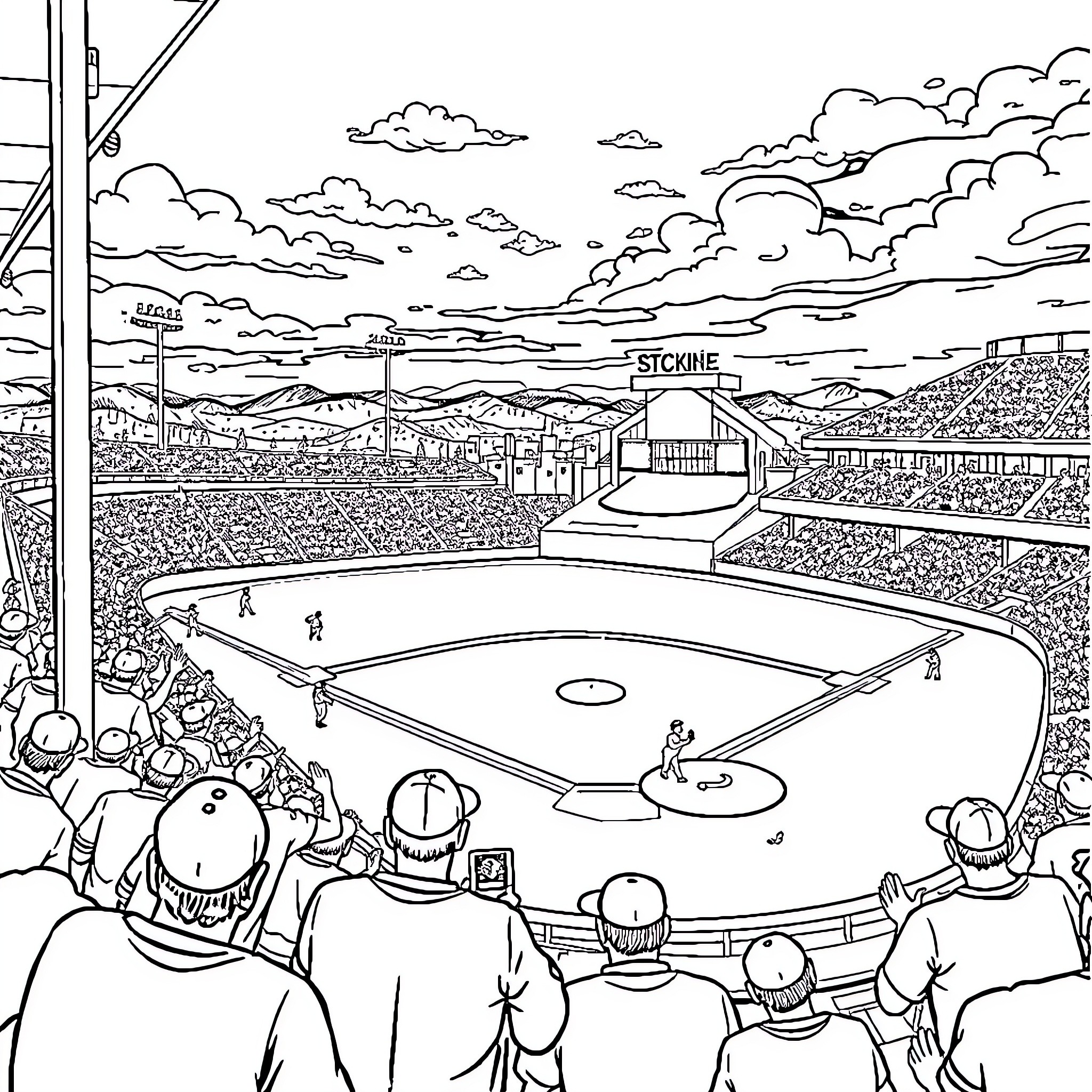 Baseball game in a packed stadium Coloring Page (free black-and-white line drawing printable PDF for all, from beginners to advanced learners, including children, teens, adults, and seniors)