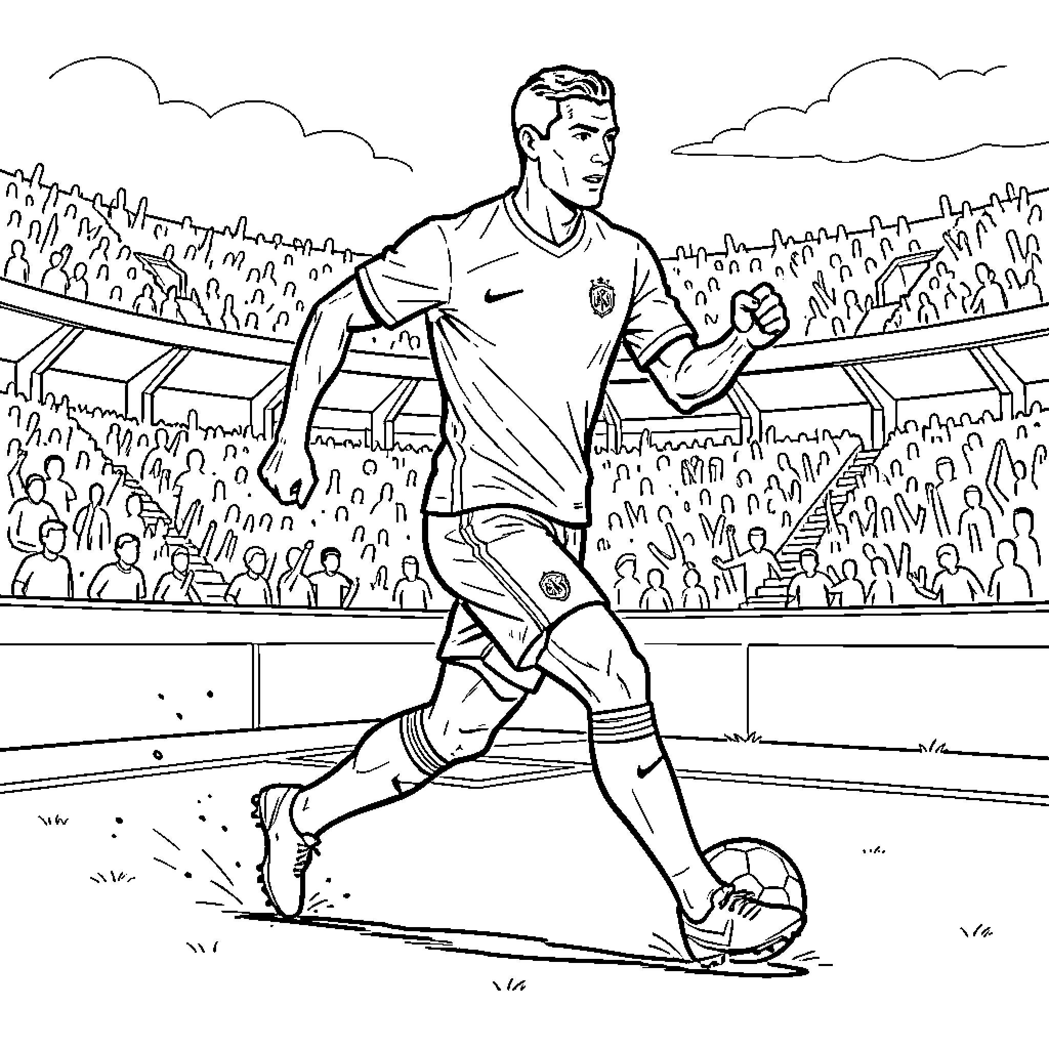 Ronaldo dribbling a soccer ball in a crowded stadium Coloring Page (free black-and-white line drawing printable PDF for all, from beginners to advanced learners, including children, teens, adults, and seniors)