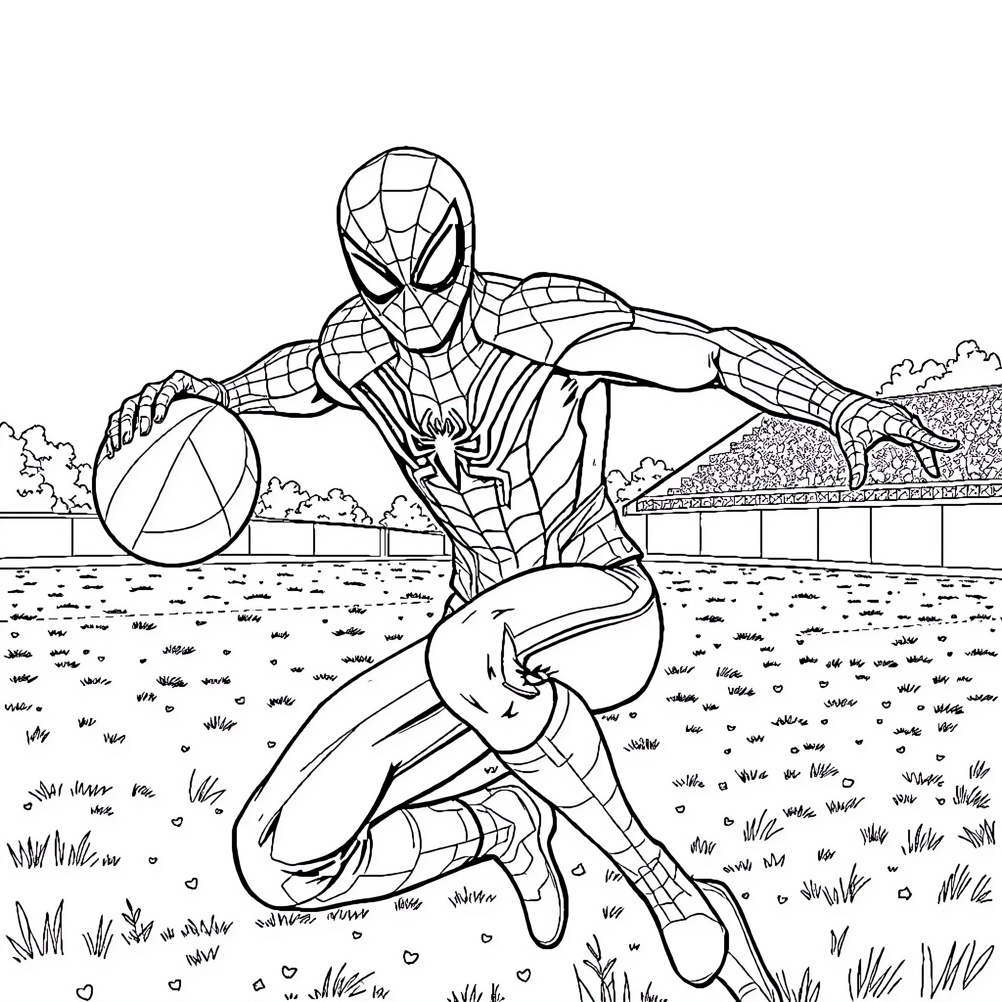Spiderman swinging through the city with basketball Coloring Page (free black-and-white line drawing printable PDF for all, from beginners to advanced learners, including children, teens, adults, and seniors)