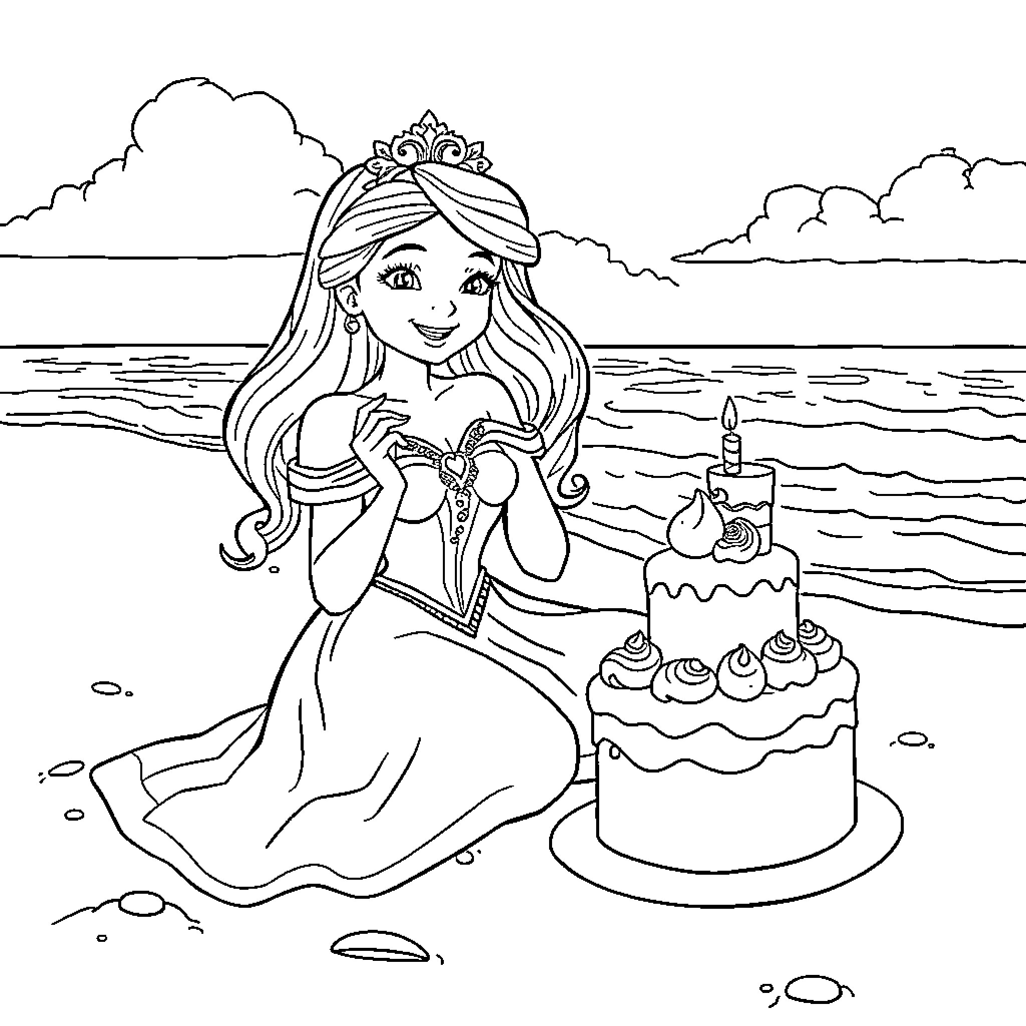 Princess Celebrates Birthday on the Beach Coloring Page (free black-and-white line drawing printable PDF for all, from beginners to advanced learners, including children, teens, adults, and seniors)