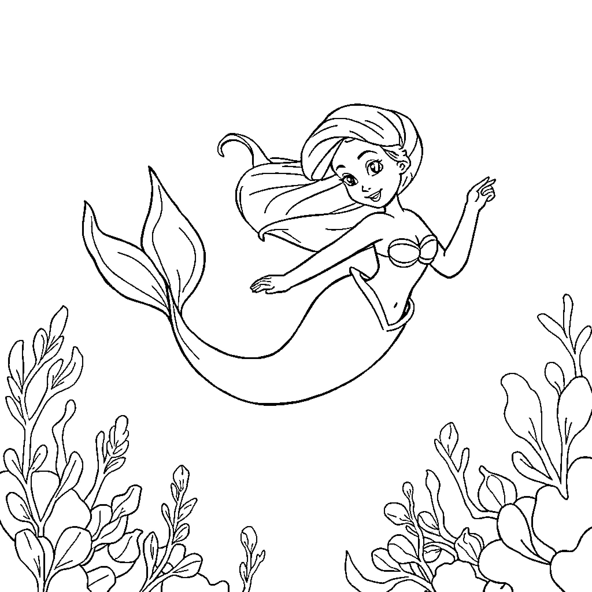 Mermaid swimming gracefully in the ocean Coloring Page (free black-and-white line drawing printable PDF for all, from beginners to advanced learners, including children, teens, adults, and seniors)
