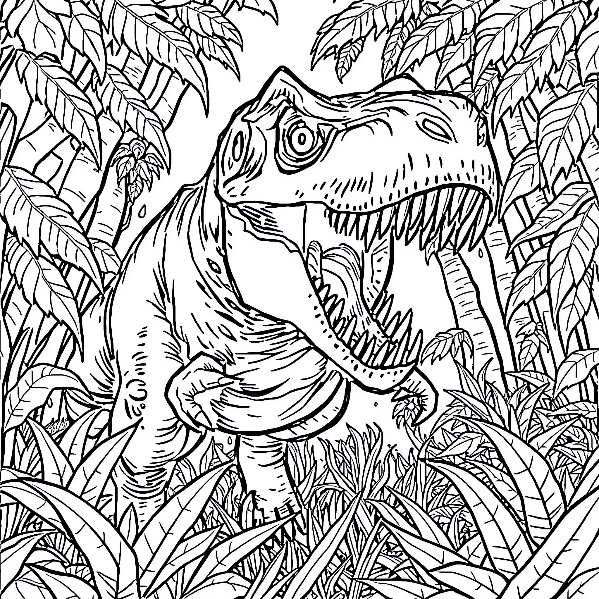 T-Rex roaring ferociously in dense jungle Coloring Page (free black-and-white line drawing printable PDF for all, from beginners to advanced learners, including children, teens, adults, and seniors)