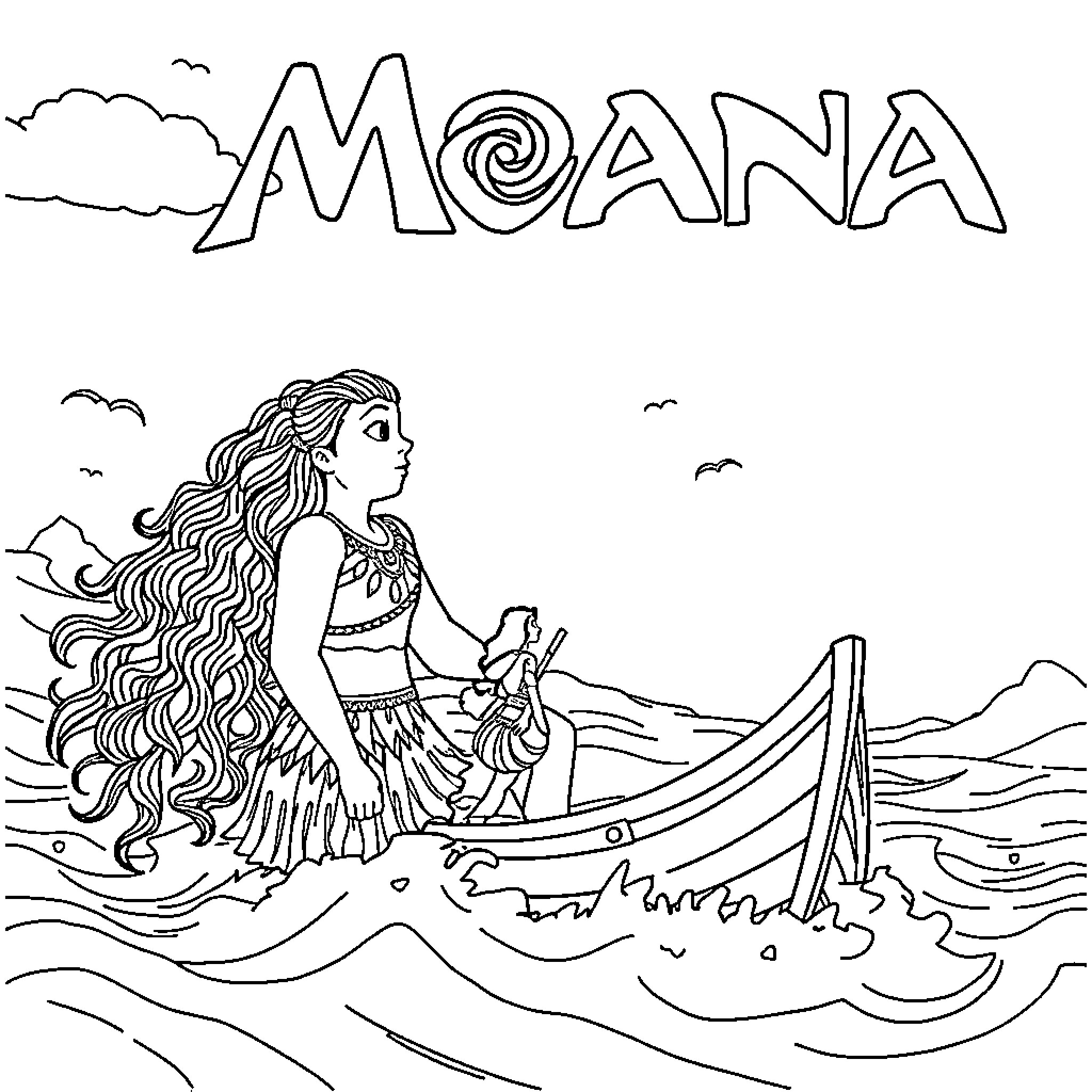 Moana exploring the ocean on her boat Coloring Page (free black-and-white line drawing printable PDF for all, from beginners to advanced learners, including children, teens, adults, and seniors)