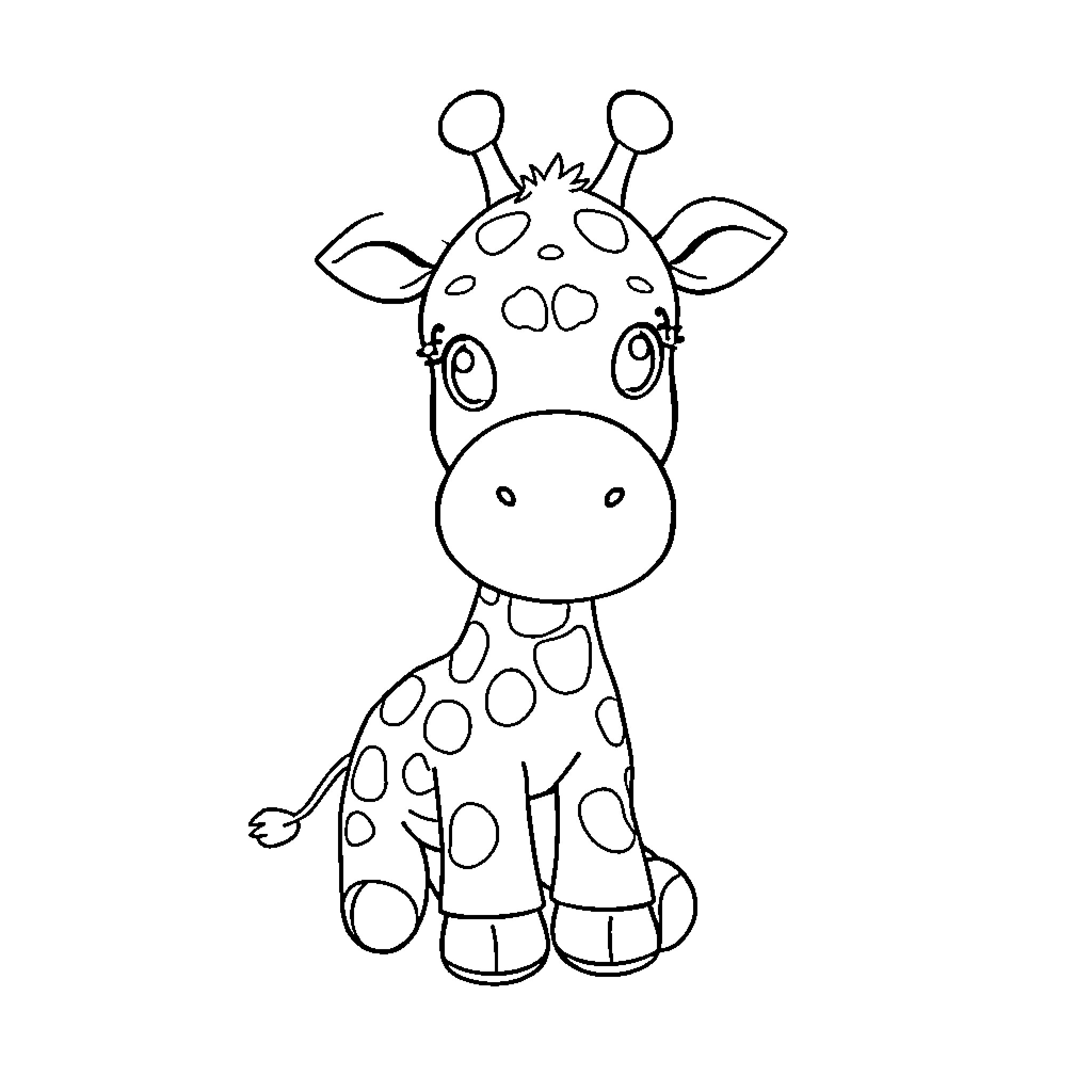 Giraffe sitting and looking cute Coloring Page (free black-and-white line drawing printable PDF for all, from beginners to advanced learners, including children, teens, adults, and seniors)