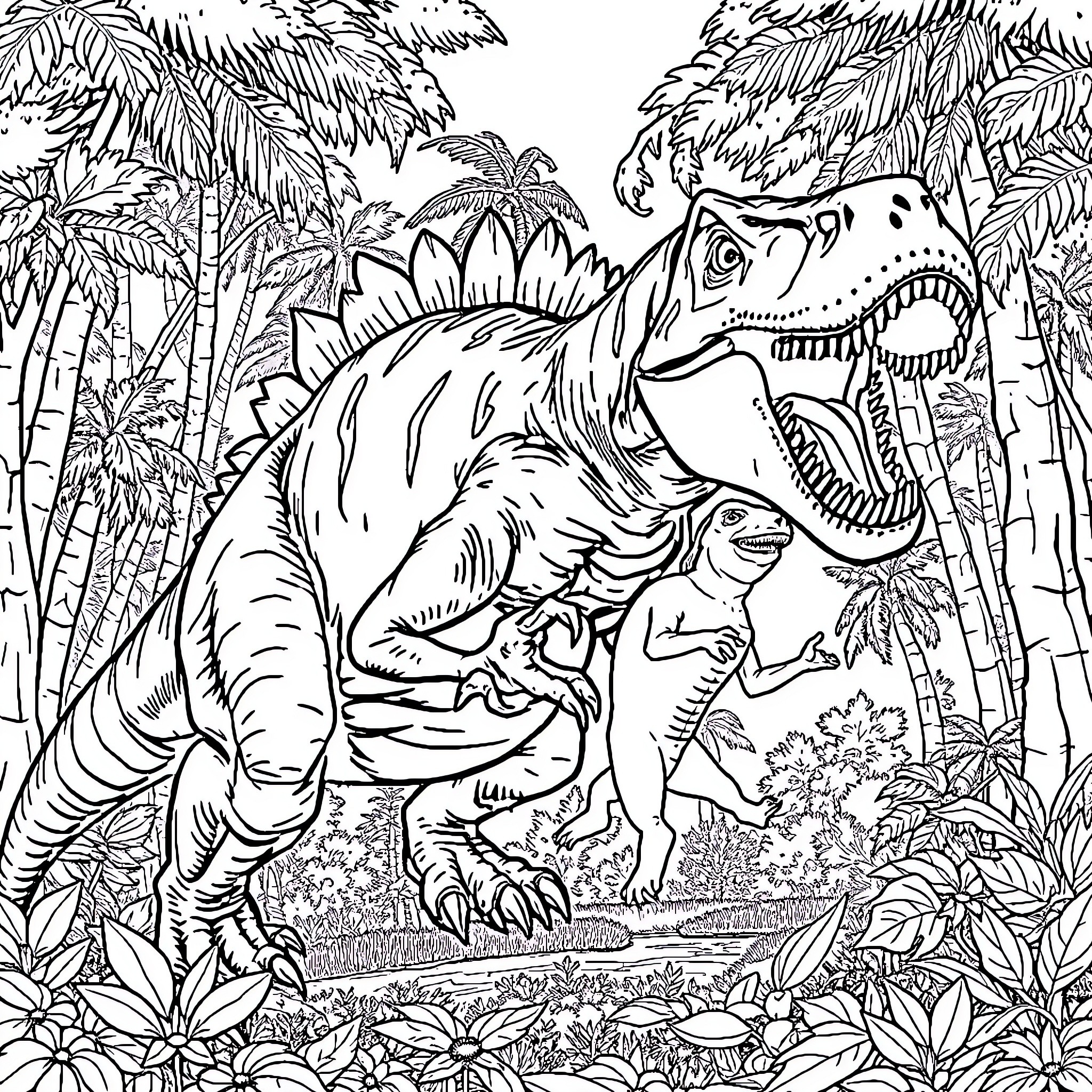 Dinosaurs roaming through a lush jungle landscape Coloring Page (free black-and-white line drawing printable PDF for all, from beginners to advanced learners, including children, teens, adults, and seniors)