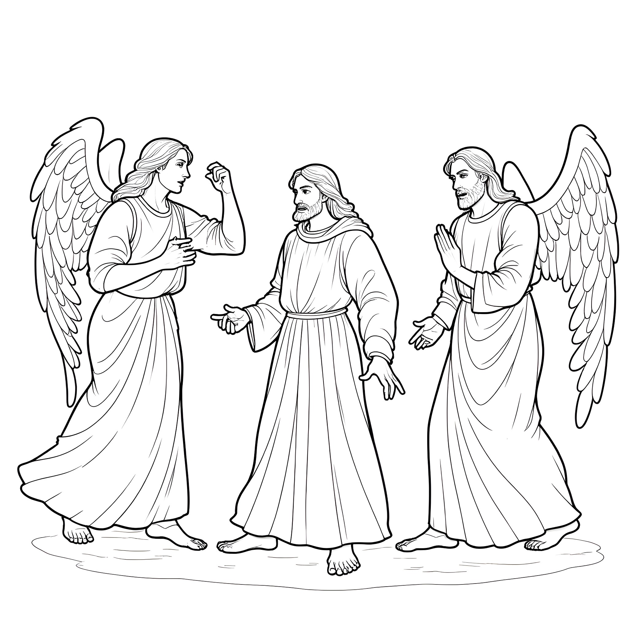 Angel figures conversing in ornate robes Coloring Page (free black-and-white line drawing printable PDF for all, from beginners to advanced learners, including children, teens, adults, and seniors)