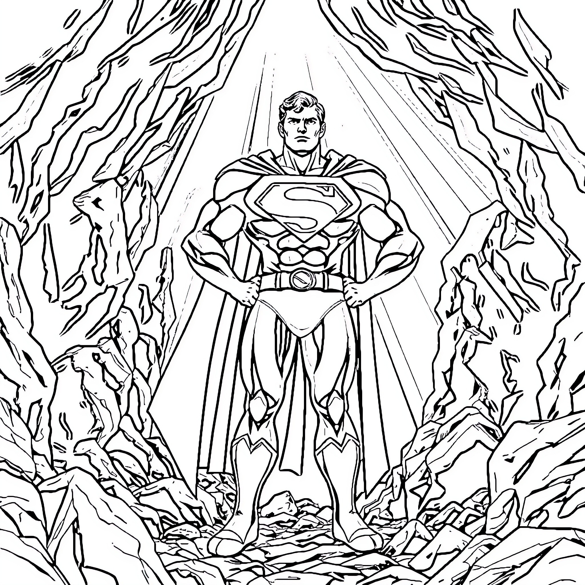 Superman rising heroically from the rubble Coloring Page (free black-and-white line drawing printable PDF for all, from beginners to advanced learners, including children, teens, adults, and seniors)
