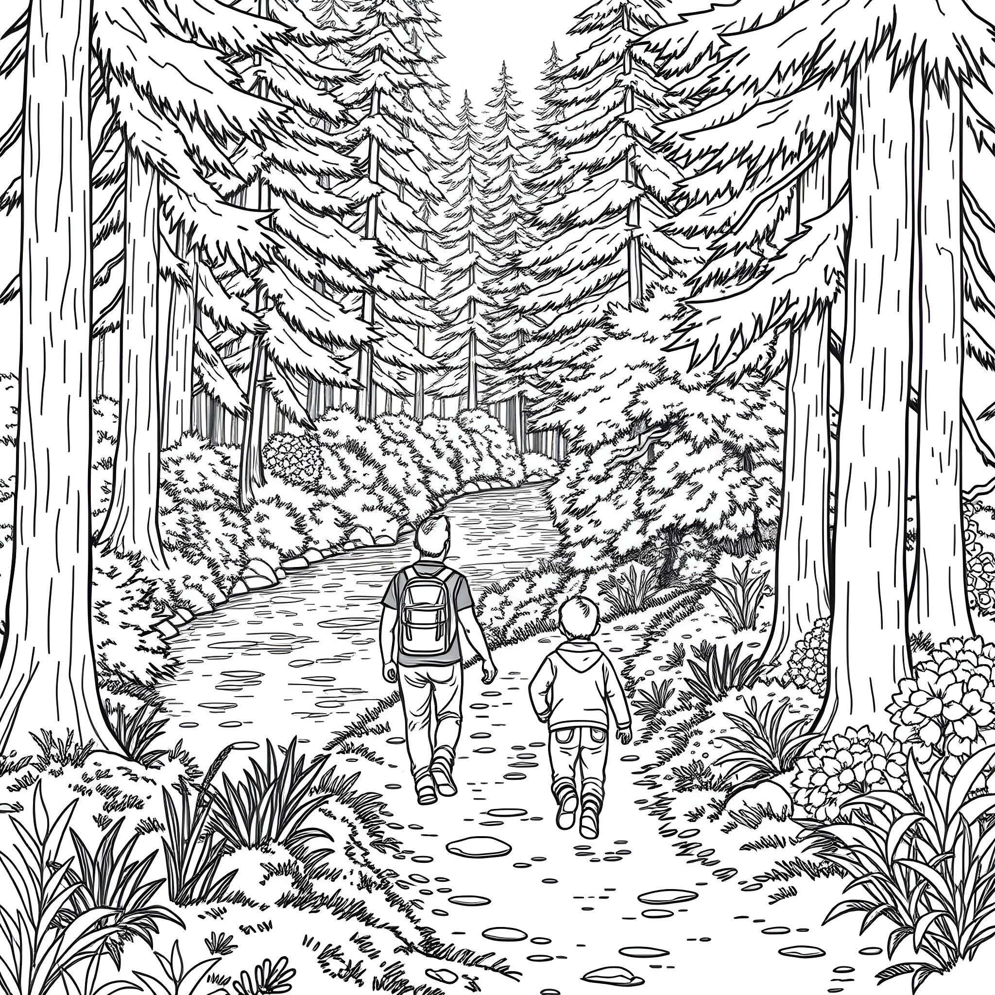 Father and child hiking in the forest Coloring Page (free black-and-white line drawing printable PDF for all, from beginners to advanced learners, including children, teens, adults, and seniors)
