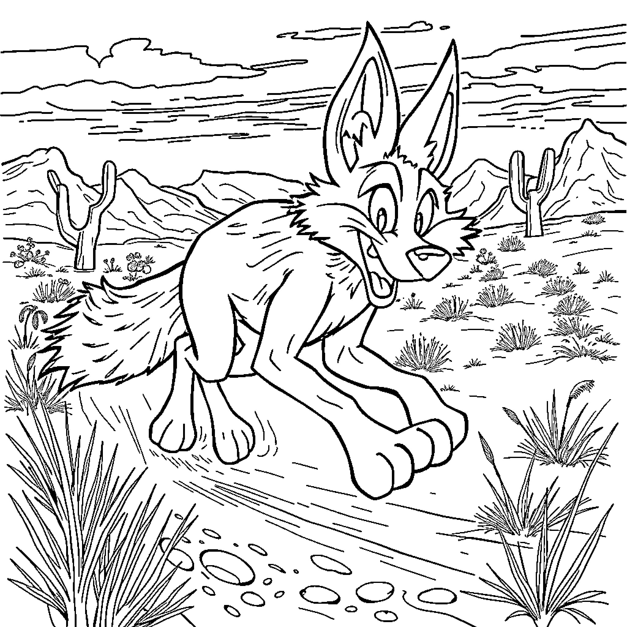 Wiley Coyote running through the desert landscape Coloring Page (free black-and-white line drawing printable PDF for all, from beginners to advanced learners, including children, teens, adults, and seniors)