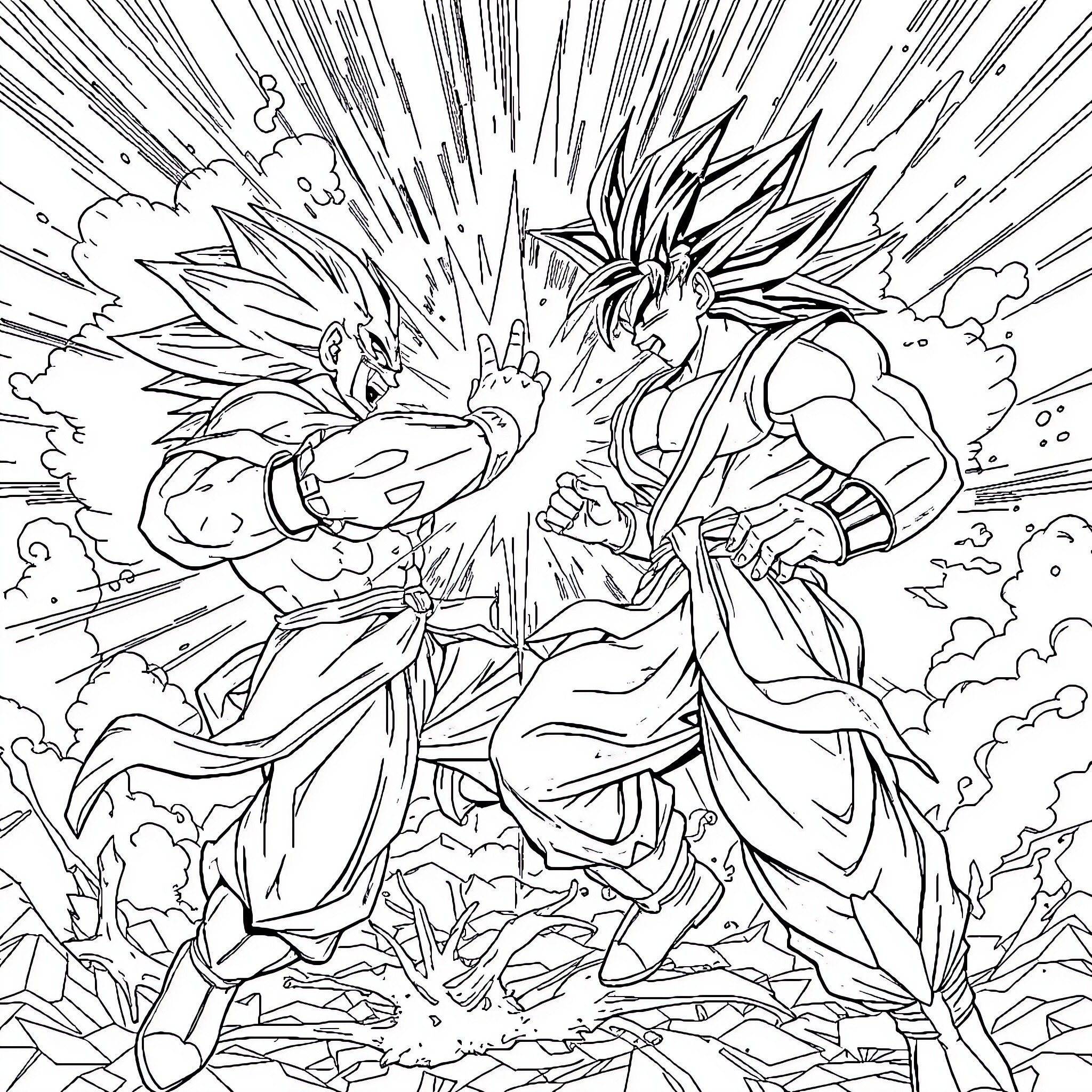 Broly's Explosive Battle in the Clouds Coloring Page (free black-and-white line drawing printable PDF for all, from beginners to advanced learners, including children, teens, adults, and seniors)