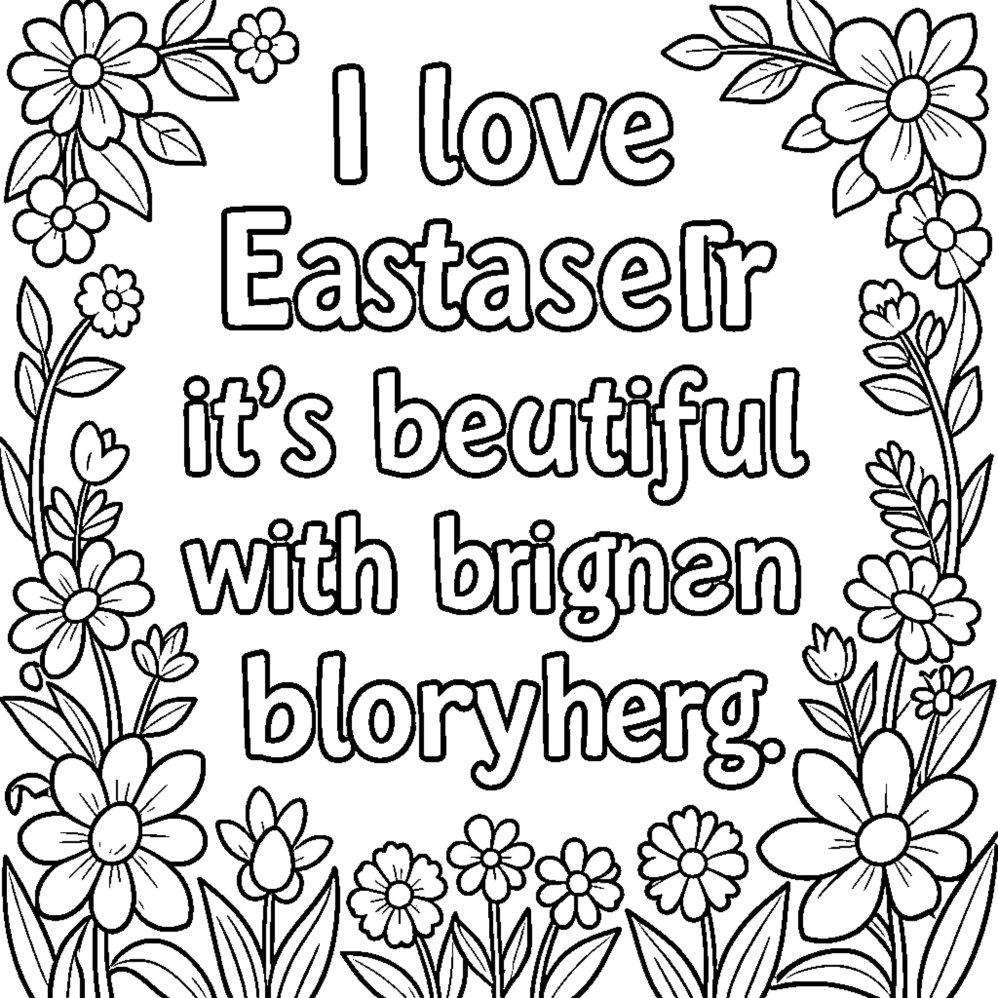 Easter Coloring Page with Floral Border Coloring Page (free black-and-white line drawing printable PDF for all, from beginners to advanced learners, including children, teens, adults, and seniors)
