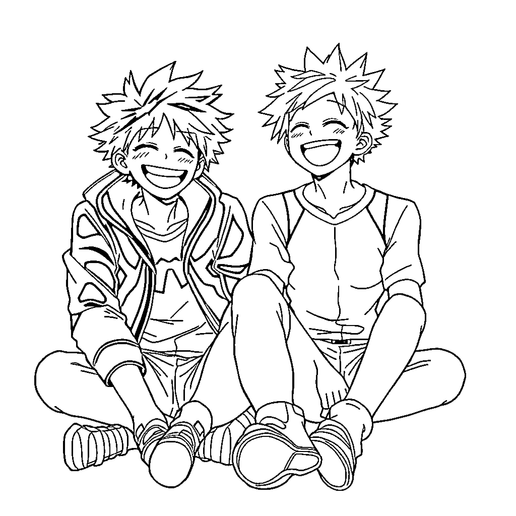 Izuku and Friend Enjoying Cheerful Moment Coloring Page (free black-and-white line drawing printable PDF for all, from beginners to advanced learners, including children, teens, adults, and seniors)