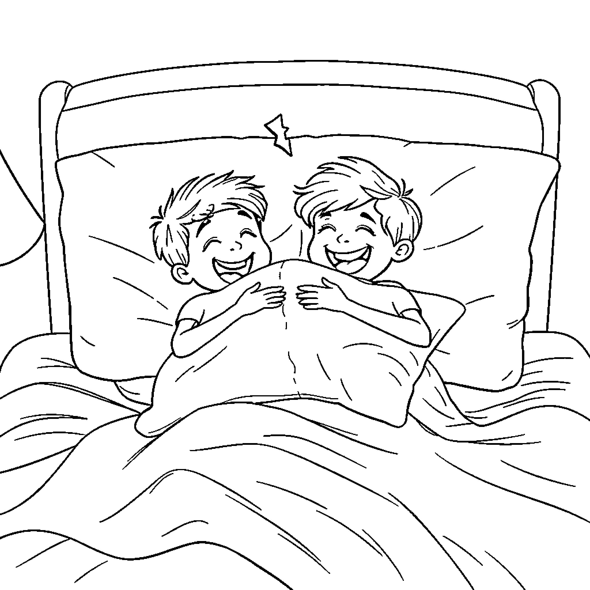 Sibling Sleepover Fun Coloring Page (free black-and-white line drawing printable PDF for all, from beginners to advanced learners, including children, teens, adults, and seniors)