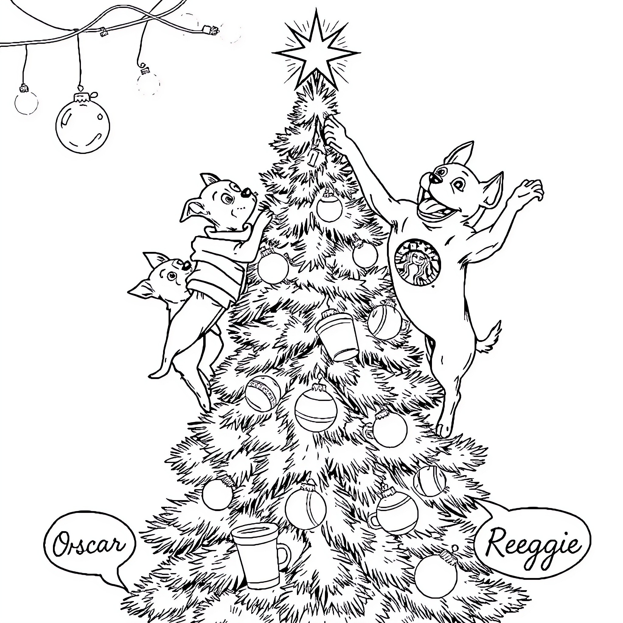 Dogs decorating a festive Christmas tree Coloring Page (free black-and-white line drawing printable PDF for all, from beginners to advanced learners, including children, teens, adults, and seniors)