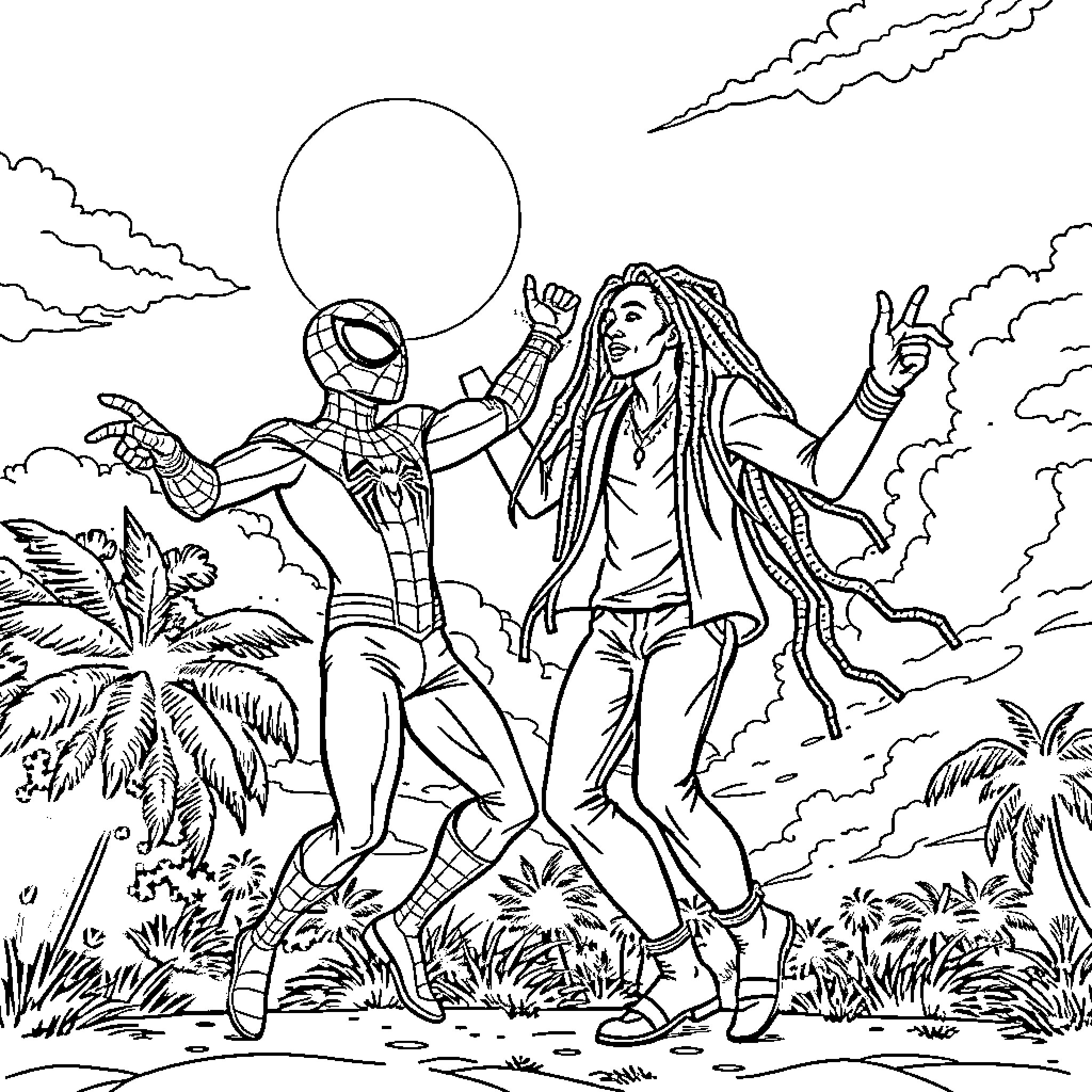 Spiderman and friend dance under the moon Coloring Page (free black-and-white line drawing printable PDF for all, from beginners to advanced learners, including children, teens, adults, and seniors)