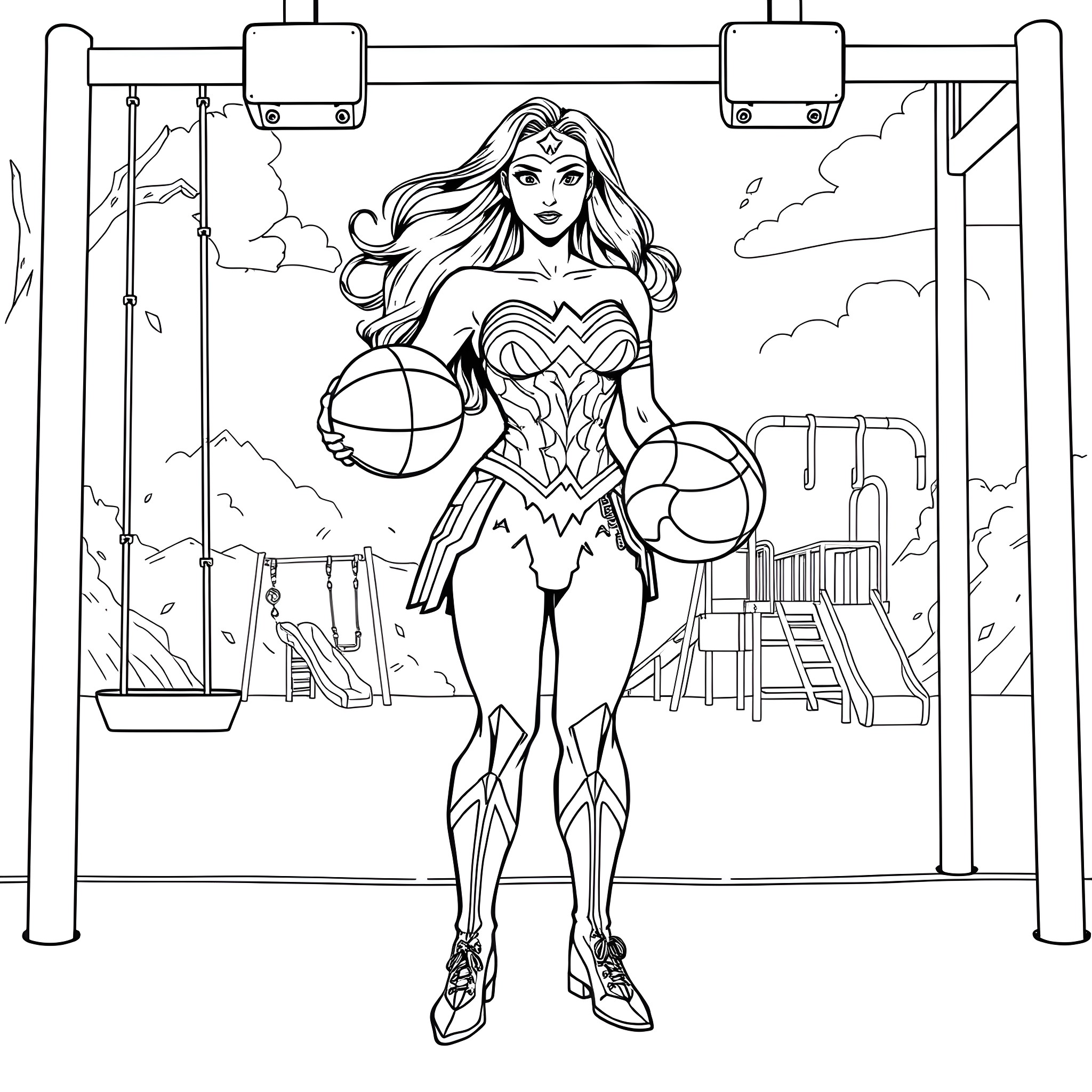 Wonder Woman in Action Pose Coloring Page (free black-and-white line drawing printable PDF for all, from beginners to advanced learners, including children, teens, adults, and seniors)