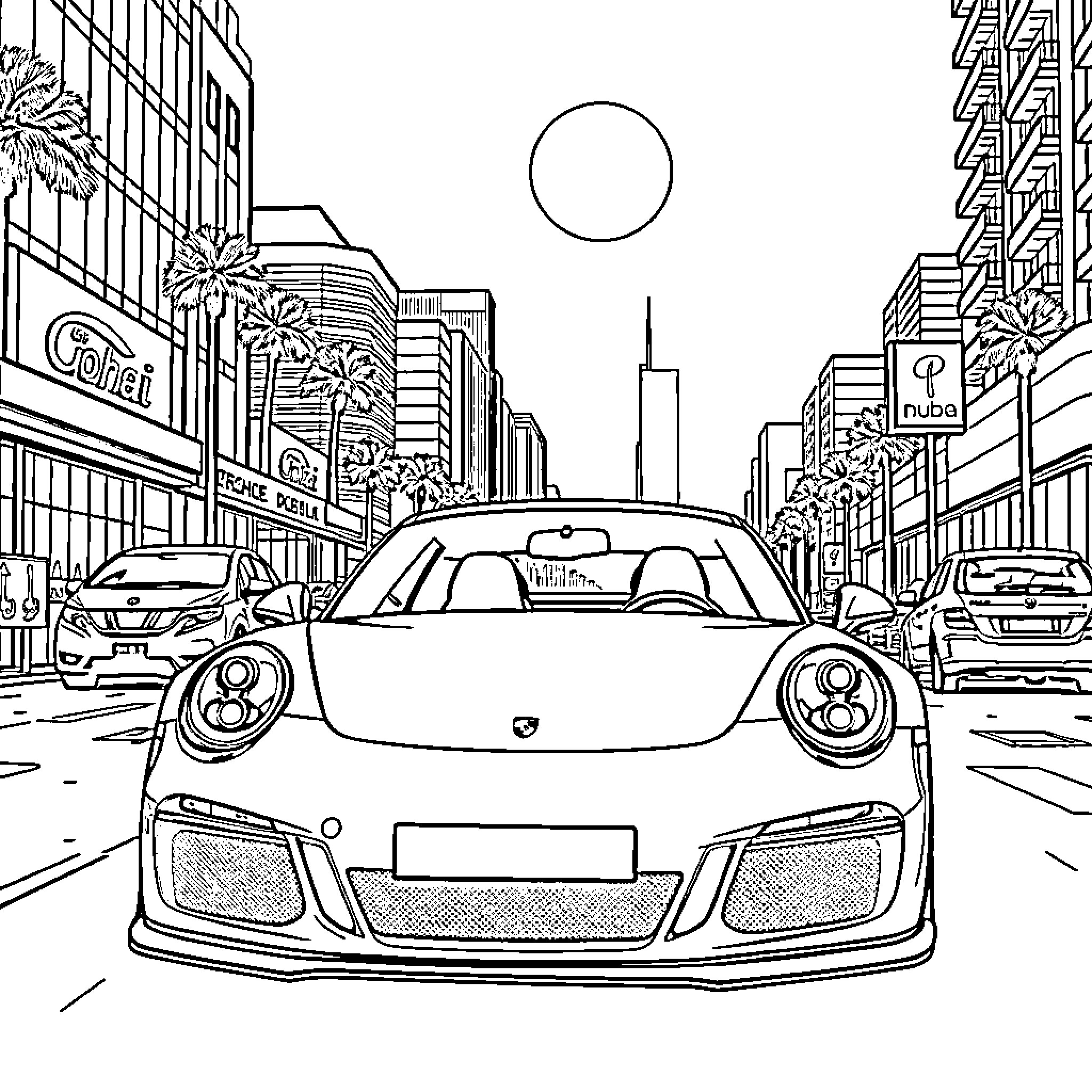 Porsche sports car in the city Coloring Page (free black-and-white line drawing printable PDF for all, from beginners to advanced learners, including children, teens, adults, and seniors)
