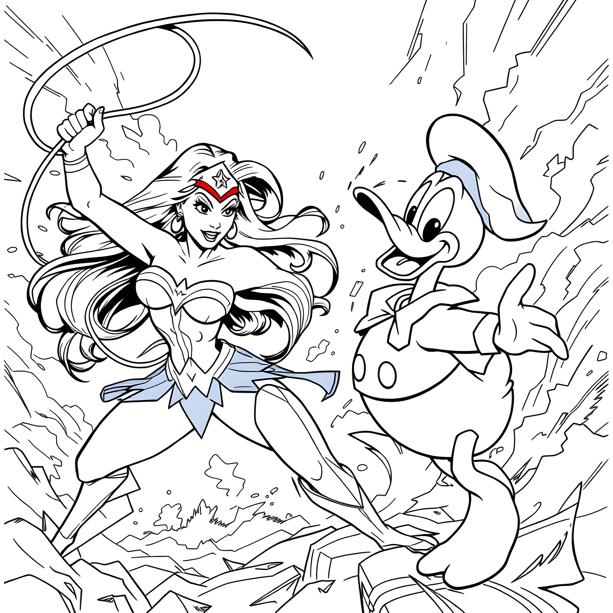 Wonder Woman fighting alongside her friend in an action-packed scene Coloring Page (free black-and-white line drawing printable PDF for all, from beginners to advanced learners, including children, teens, adults, and seniors)