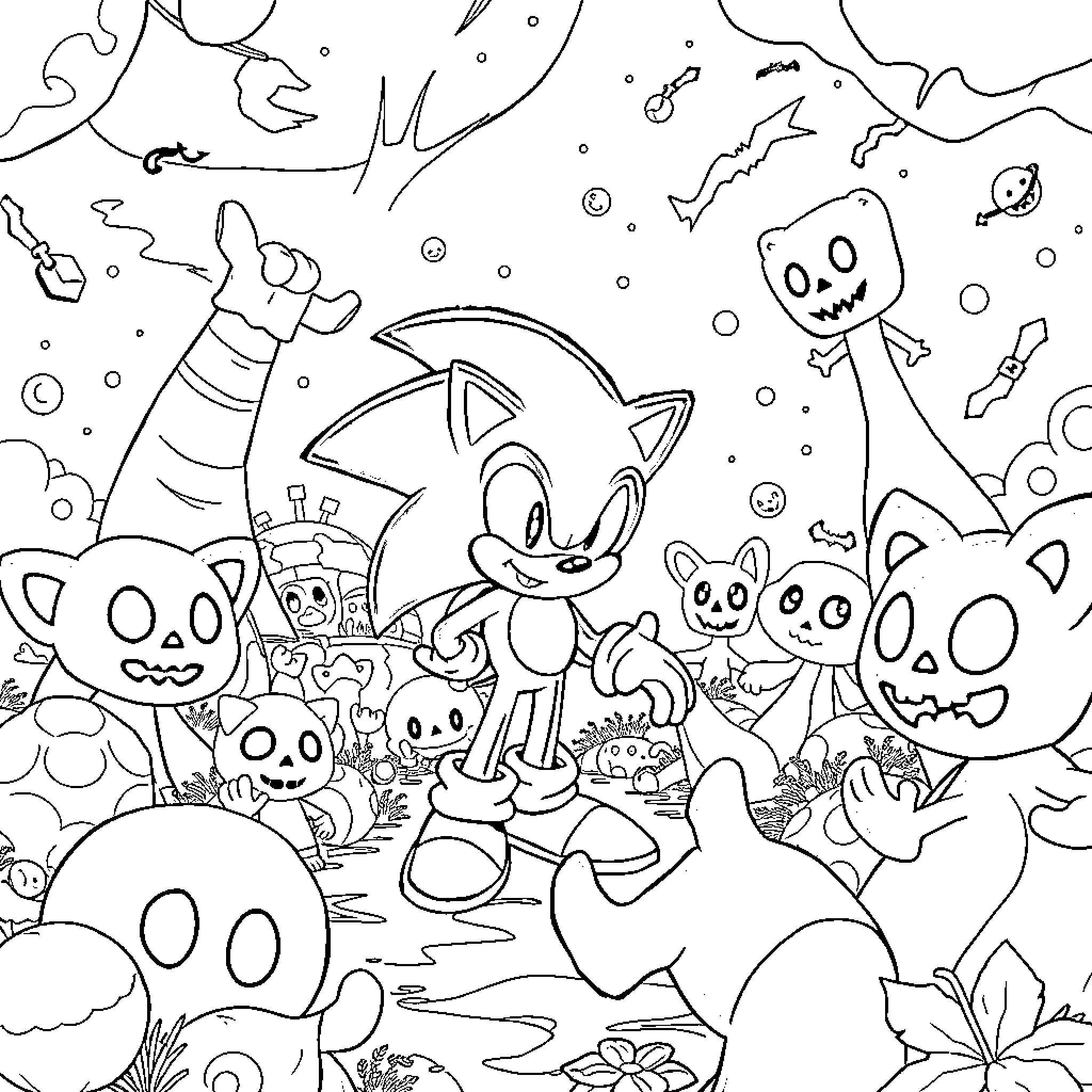 Sonic and friends in a spooky, fantastical scene Coloring Page (free black-and-white line drawing printable PDF for all, from beginners to advanced learners, including children, teens, adults, and seniors)