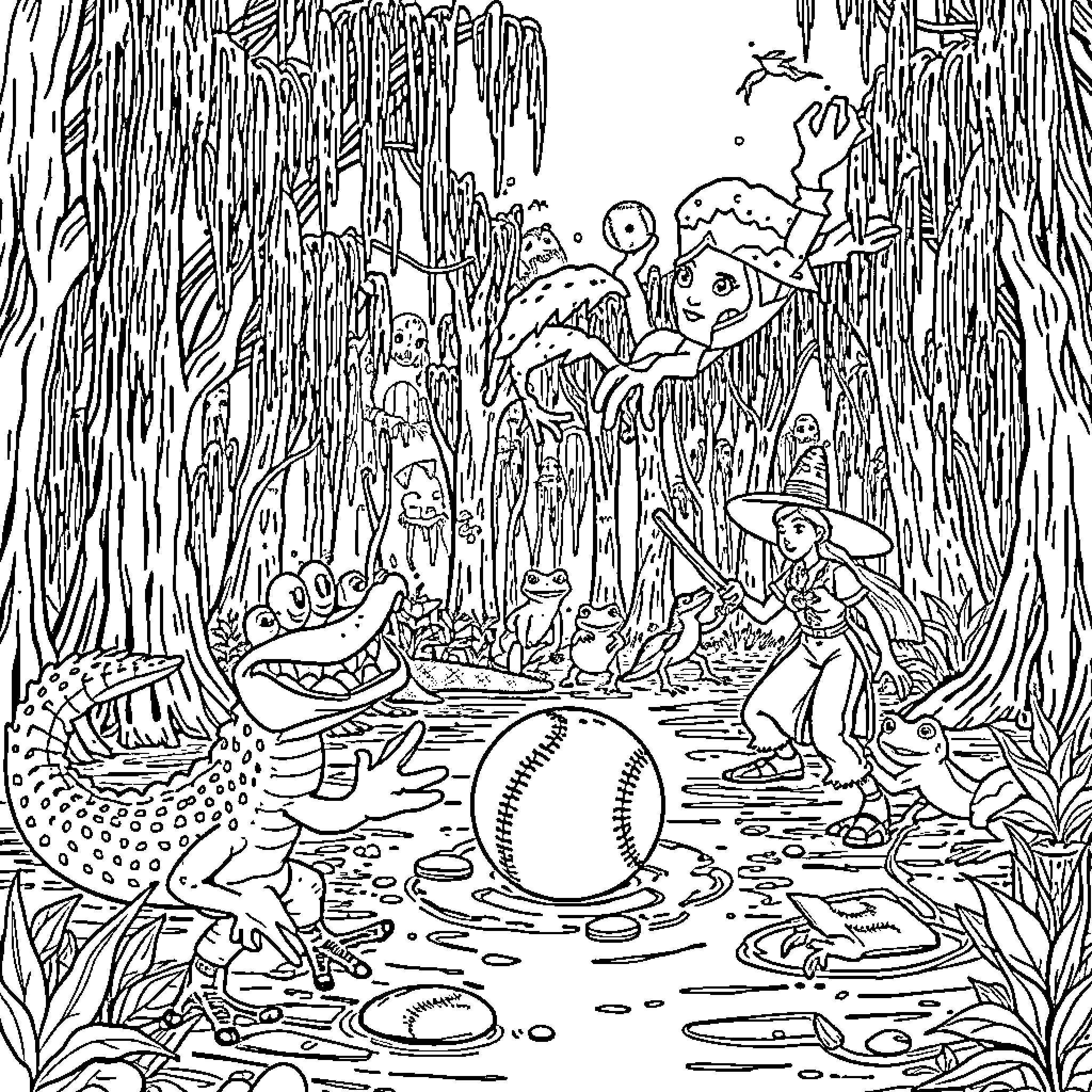Alligator and Fantastical Creatures in Magical Forest Scene Coloring Page (free black-and-white line drawing printable PDF for all, from beginners to advanced learners, including children, teens, adults, and seniors)