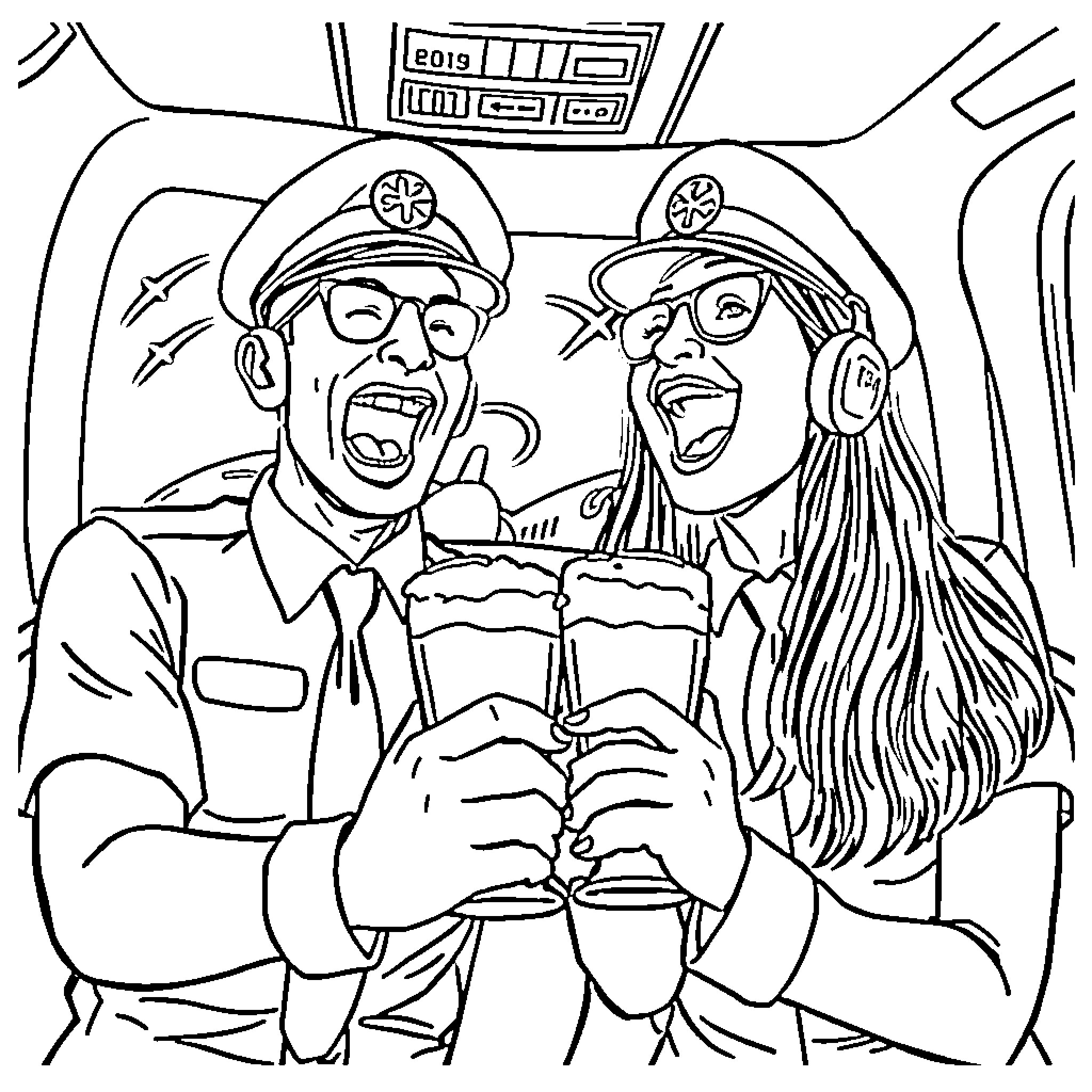 Airline Employees Celebrating with Beverages Coloring Page (free black-and-white line drawing printable PDF for all, from beginners to advanced learners, including children, teens, adults, and seniors)