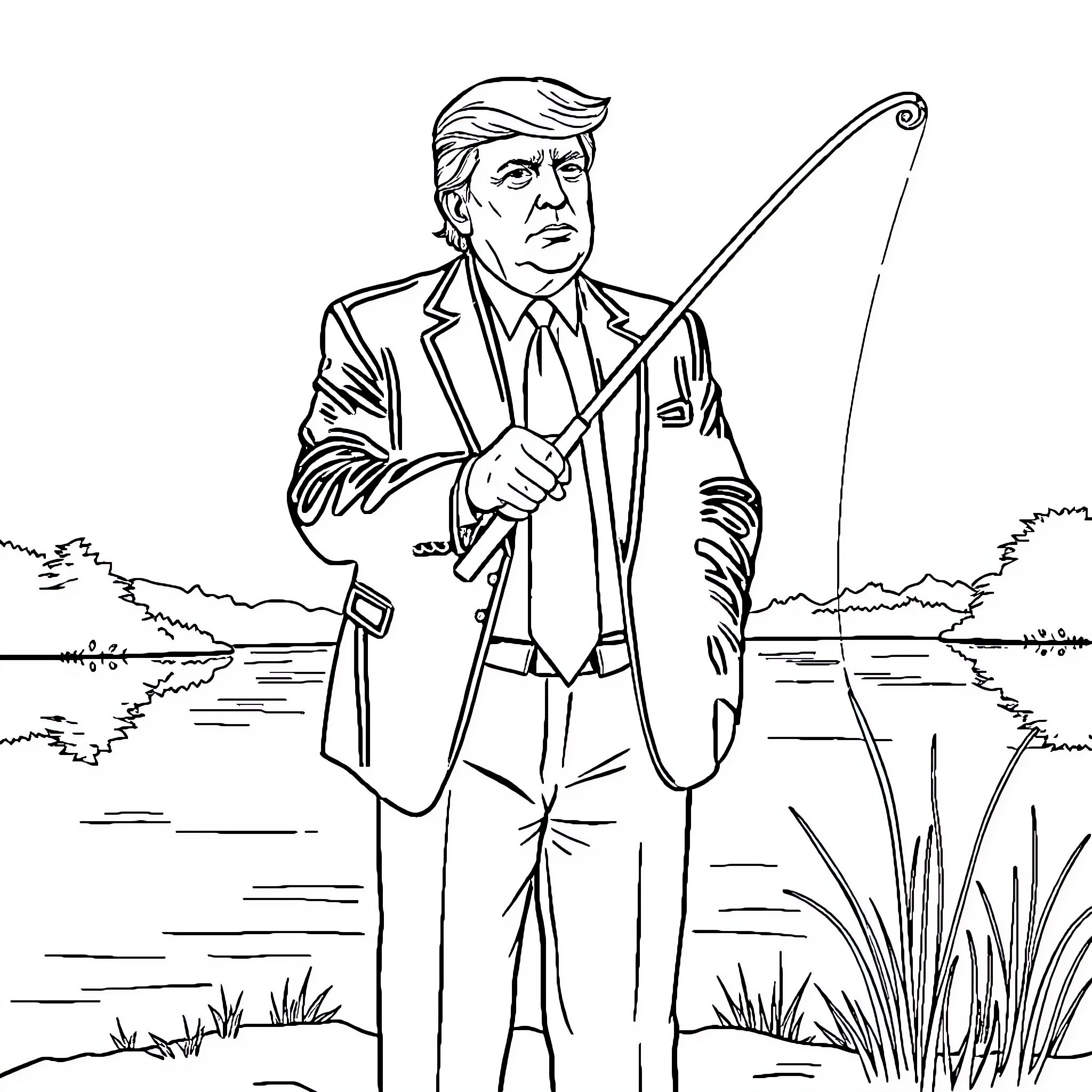 Donald Trump fishing in a natural setting Coloring Page (free black-and-white line drawing printable PDF for all, from beginners to advanced learners, including children, teens, adults, and seniors)