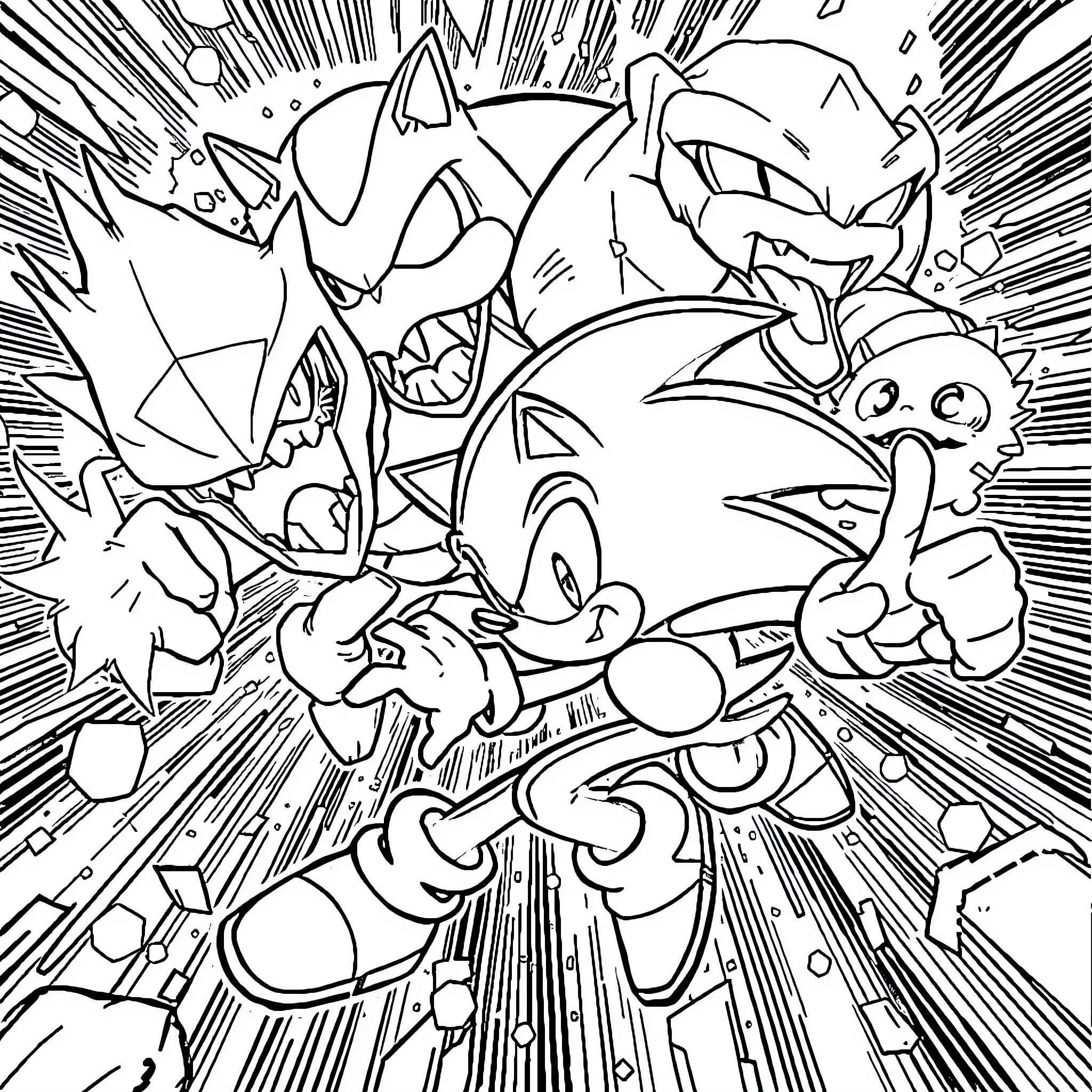 Sonic's Intense Battle with Enemies Coloring Page (free black-and-white line drawing printable PDF for all, from beginners to advanced learners, including children, teens, adults, and seniors)