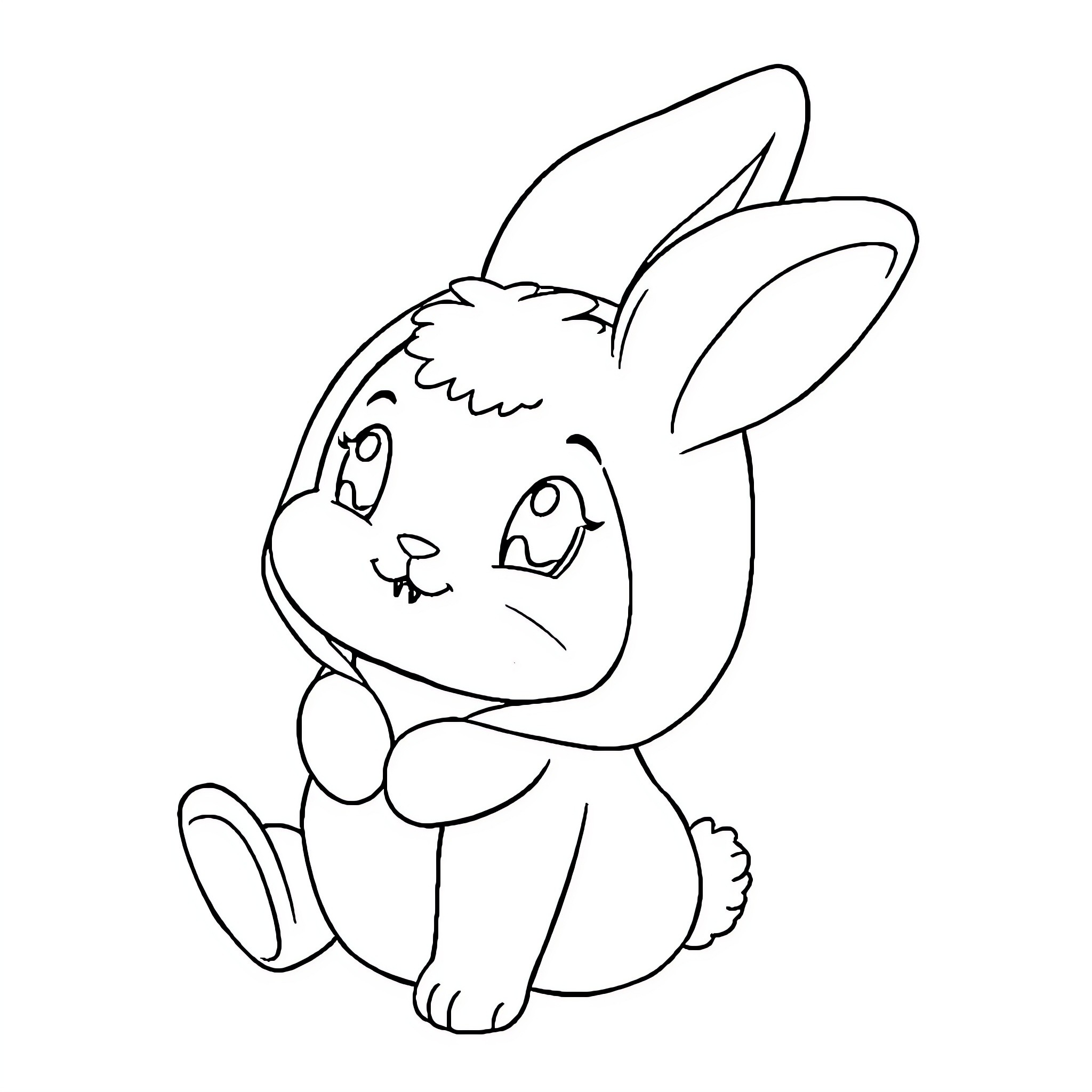 My Melody - Cute Rabbit Sitting Happily Coloring Page (free black-and-white line drawing printable PDF for all, from beginners to advanced learners, including children, teens, adults, and seniors)