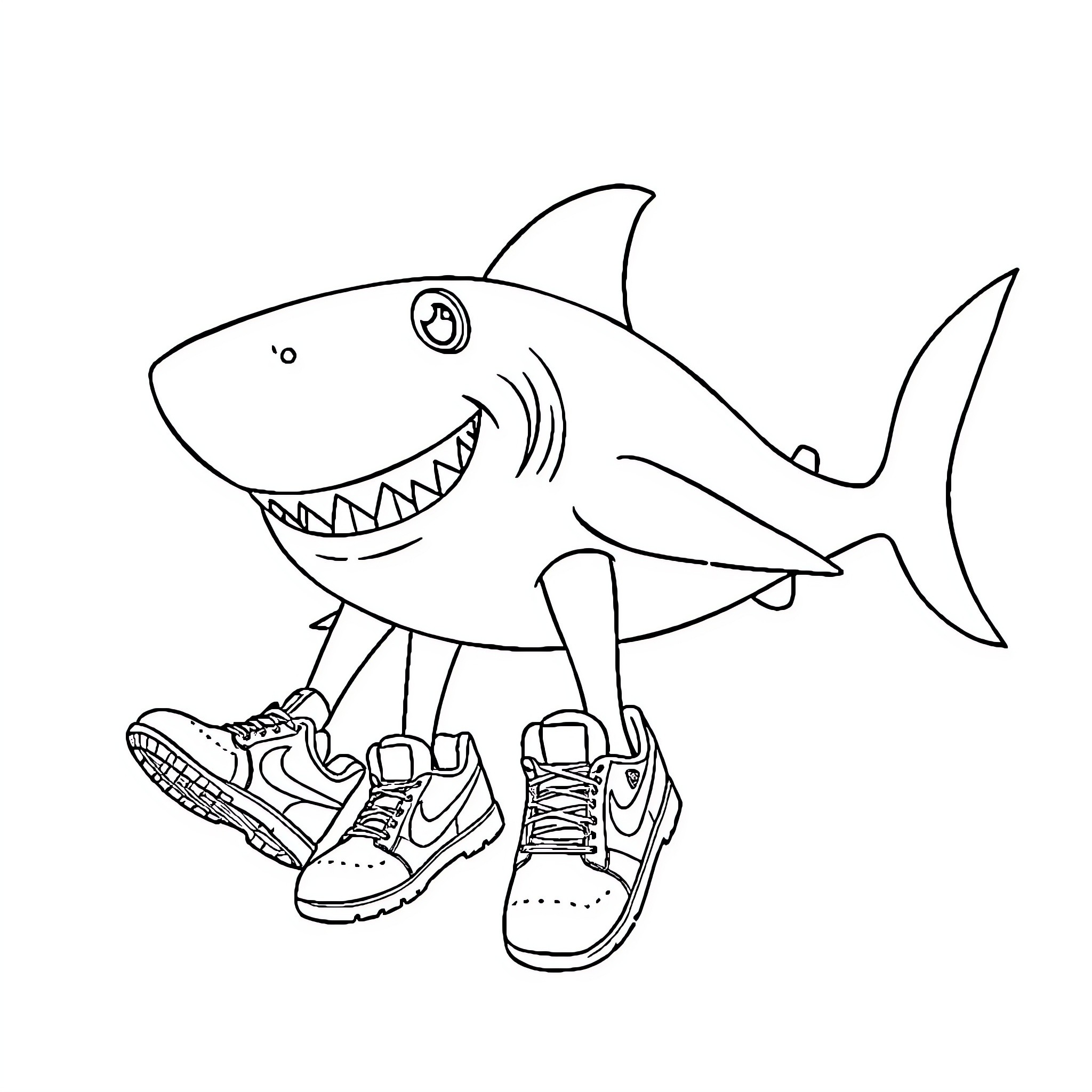Shark wearing sneakers and smiling Coloring Page (free black-and-white line drawing printable PDF for all, from beginners to advanced learners, including children, teens, adults, and seniors)