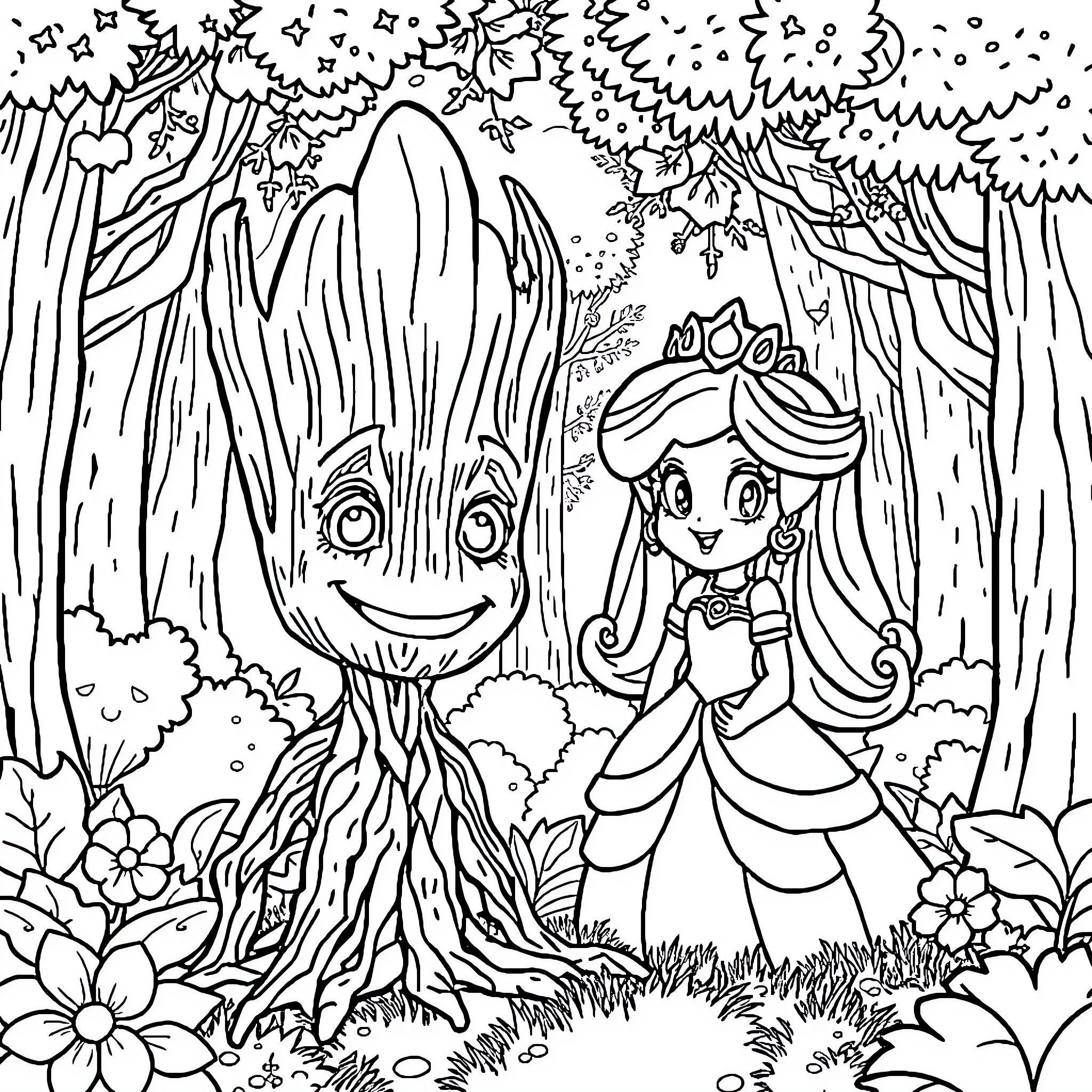 Groot and a Princess in a Magical Forest Coloring Page (free black-and-white line drawing printable PDF for all, from beginners to advanced learners, including children, teens, adults, and seniors)