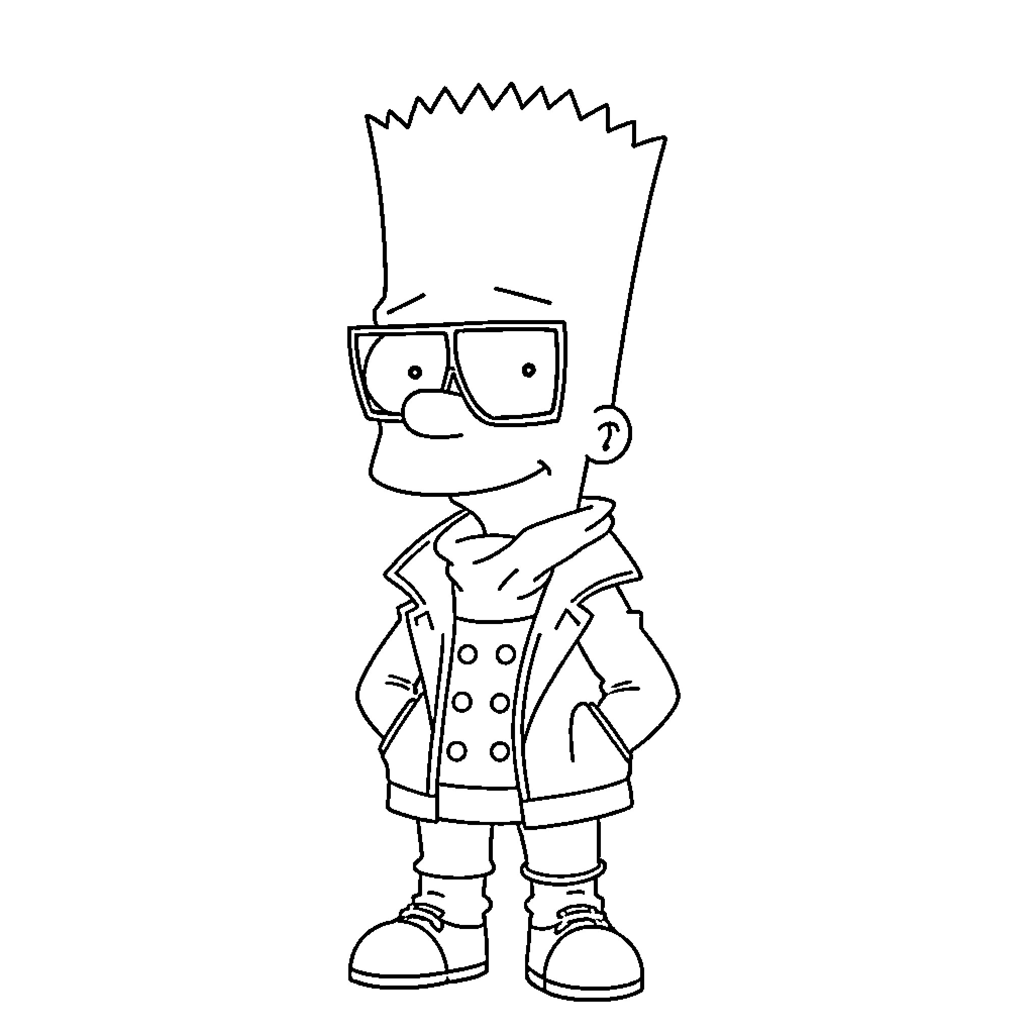 Bart Simpson in his iconic outfit and glasses Coloring Page (free black-and-white line drawing printable PDF for all, from beginners to advanced learners, including children, teens, adults, and seniors)