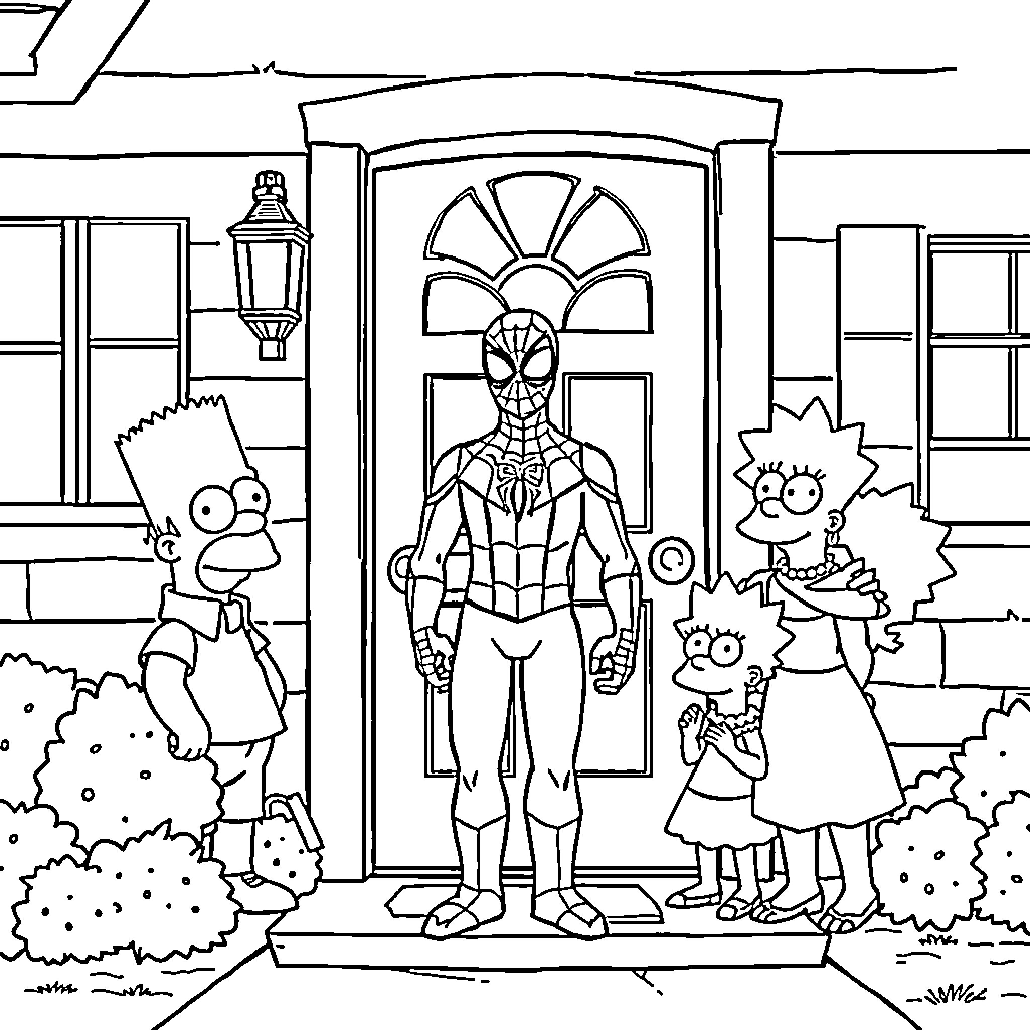 Spiderman interacts with the Simpsons characters at their doorstep Coloring Page (free black-and-white line drawing printable PDF for all, from beginners to advanced learners, including children, teens, adults, and seniors)