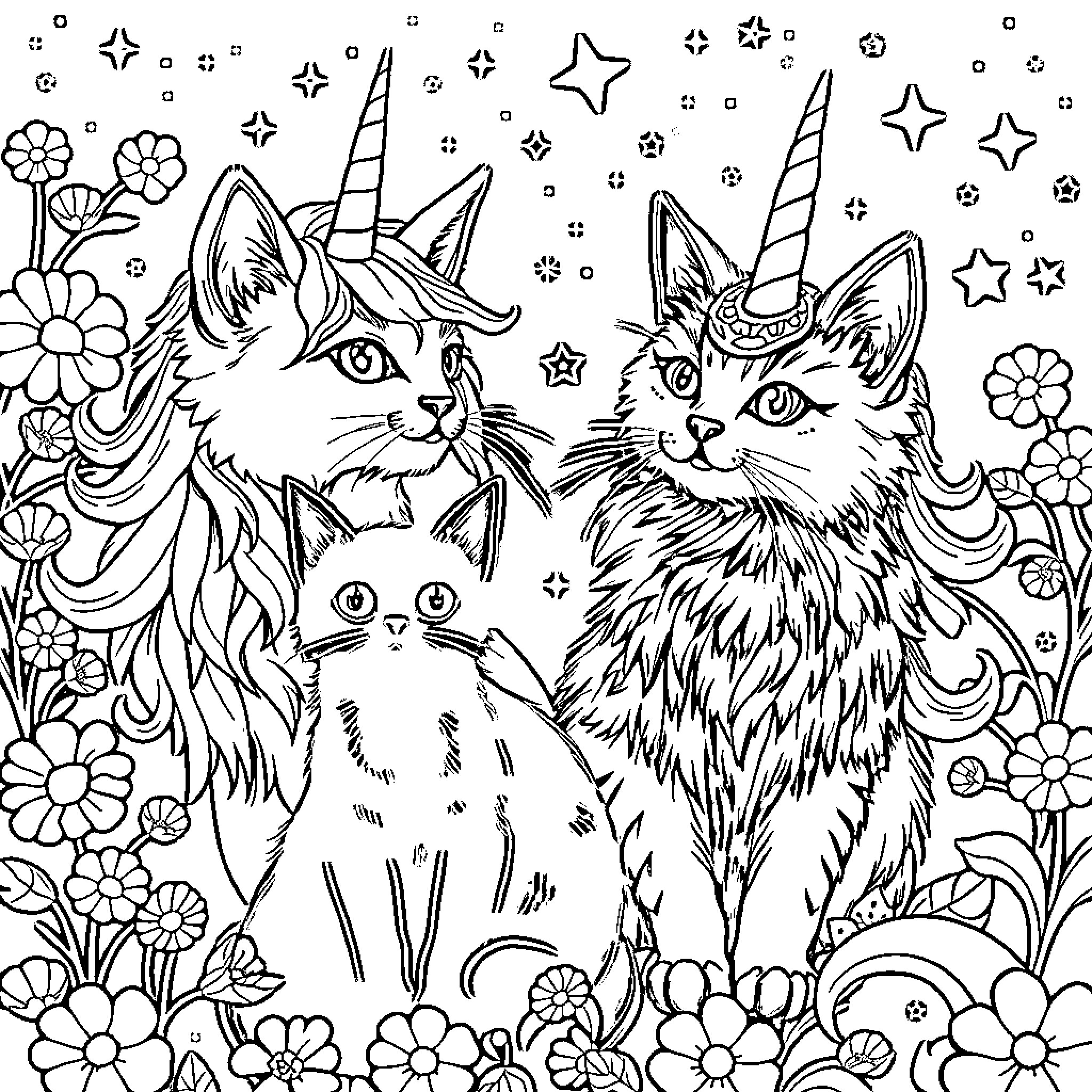 Unicorn Cats Surrounded by Enchanting Stars and Flowers Coloring Page (free black-and-white line drawing printable PDF for all, from beginners to advanced learners, including children, teens, adults, and seniors)