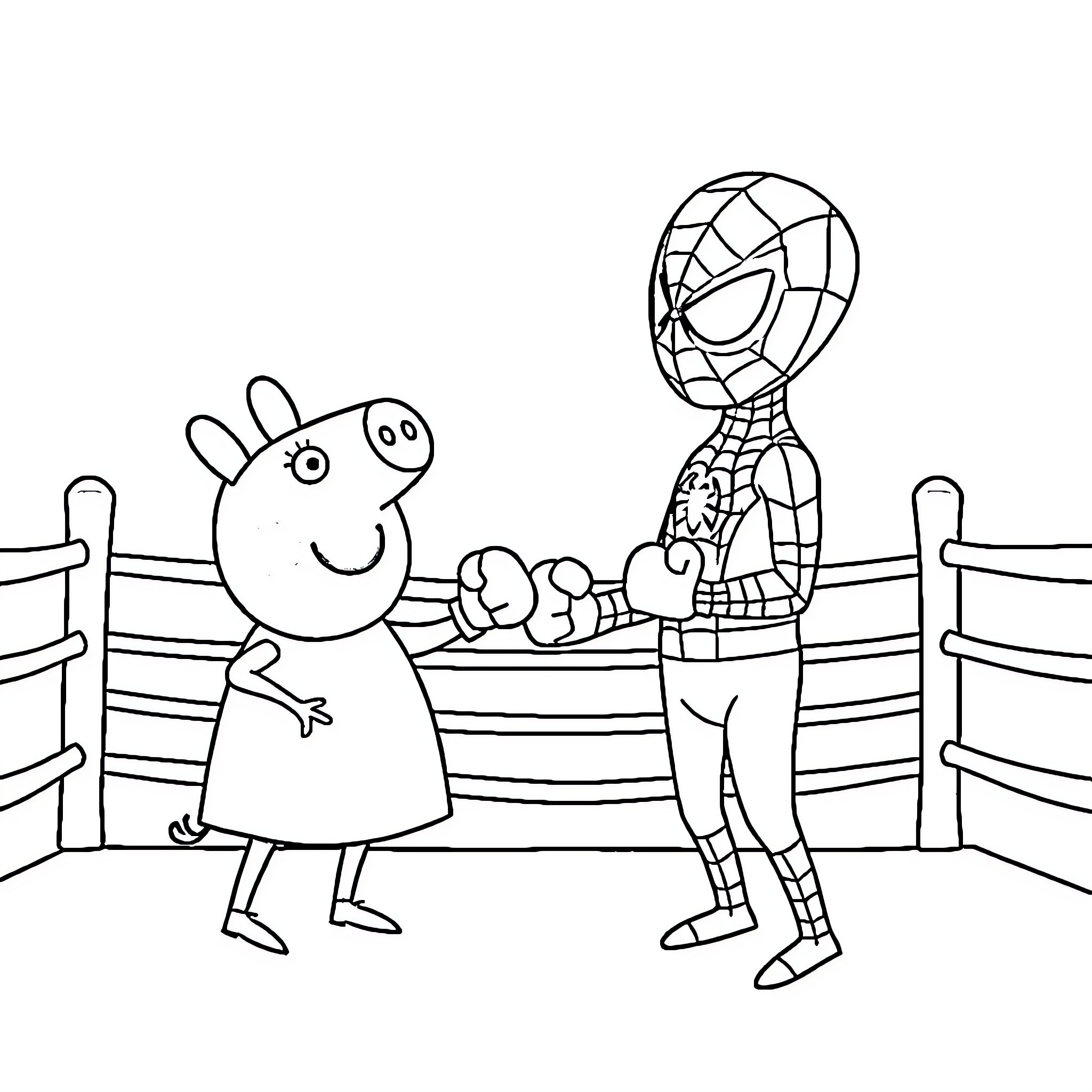 Pepa Pig and Spider-Man meet in the ring Coloring Page (free black-and-white line drawing printable PDF for all, from beginners to advanced learners, including children, teens, adults, and seniors)