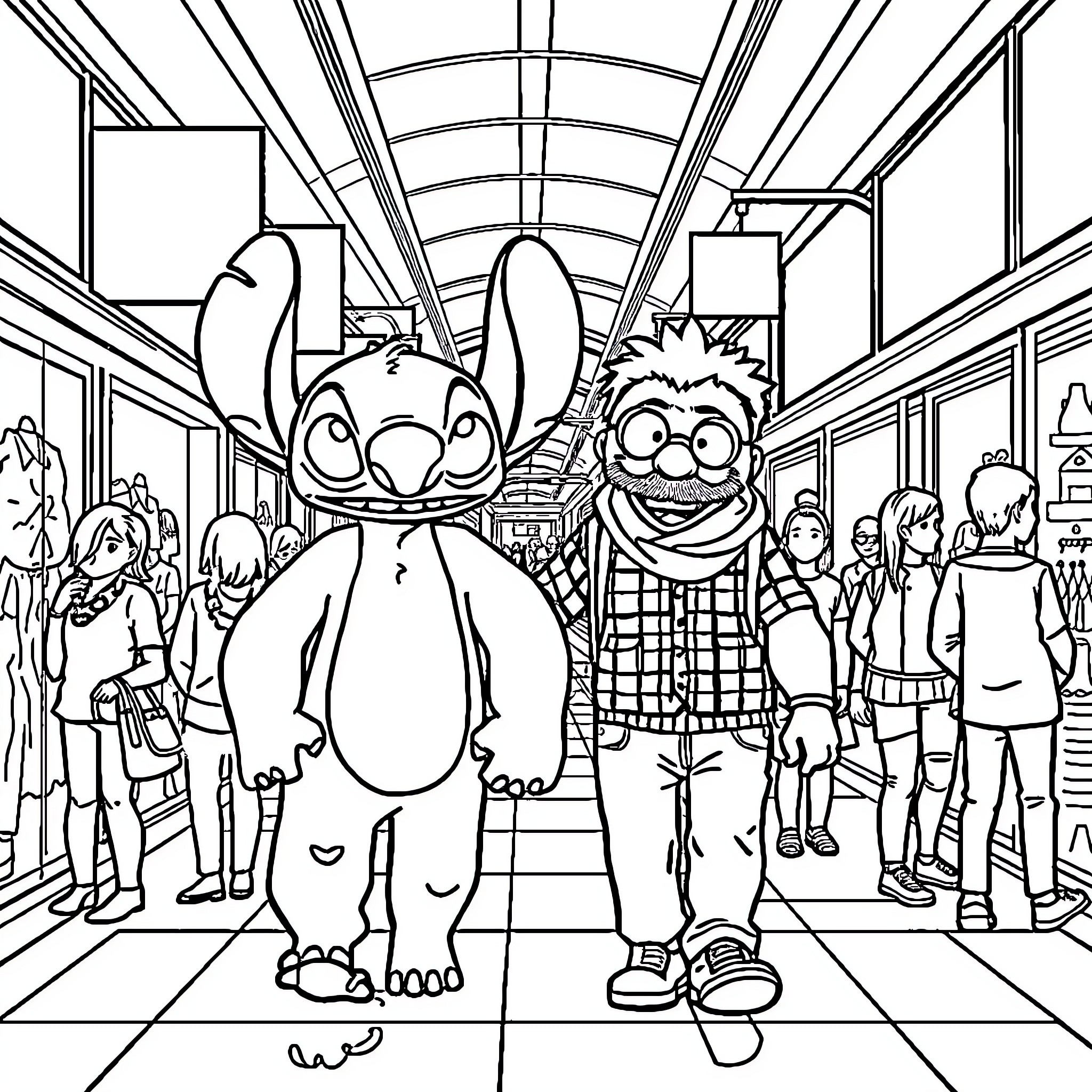 Stitch and Gonzo on a Crowded Subway Train Coloring Page (free black-and-white line drawing printable PDF for all, from beginners to advanced learners, including children, teens, adults, and seniors)