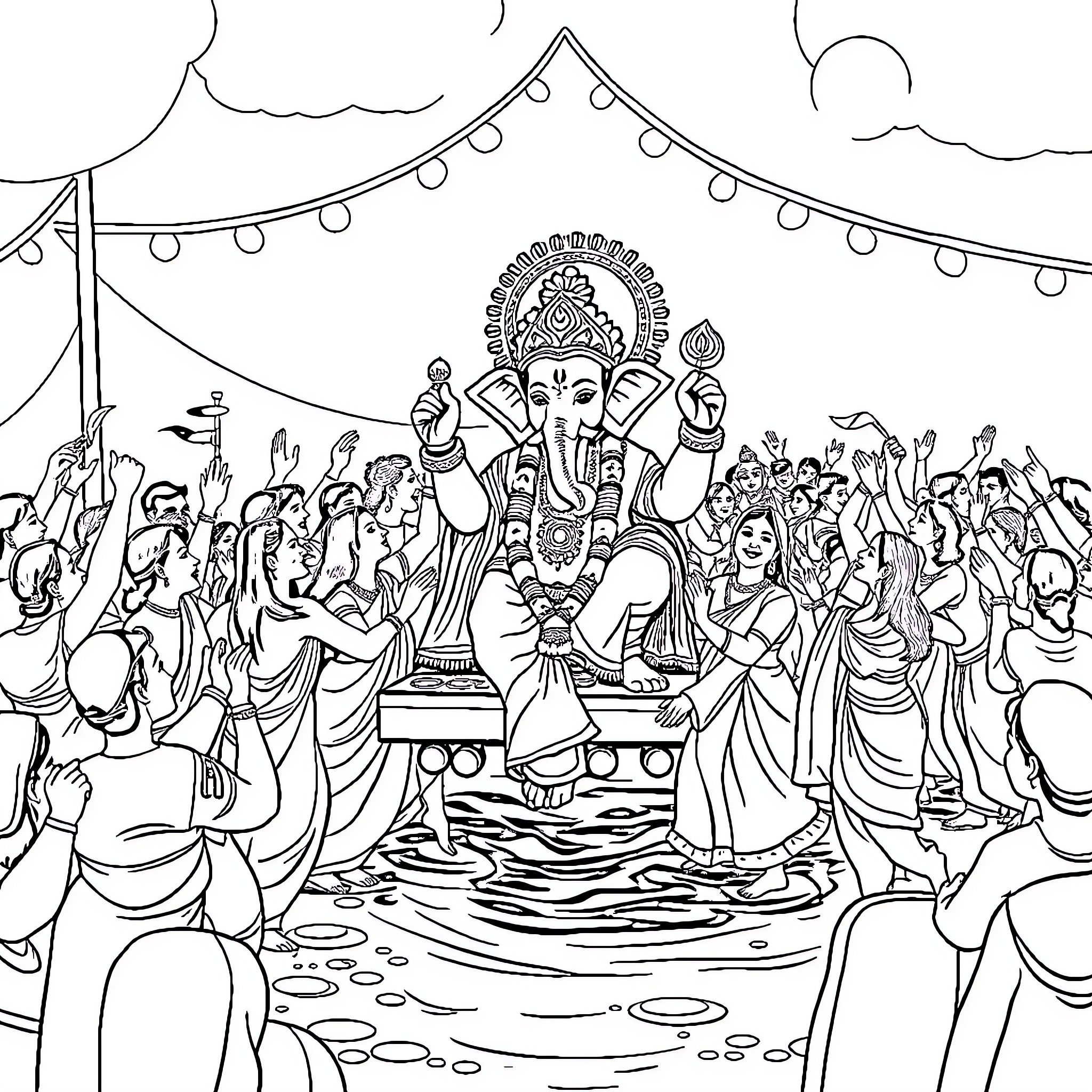 Ganapati festival celebration with devotees Coloring Page (free black-and-white line drawing printable PDF for all, from beginners to advanced learners, including children, teens, adults, and seniors)