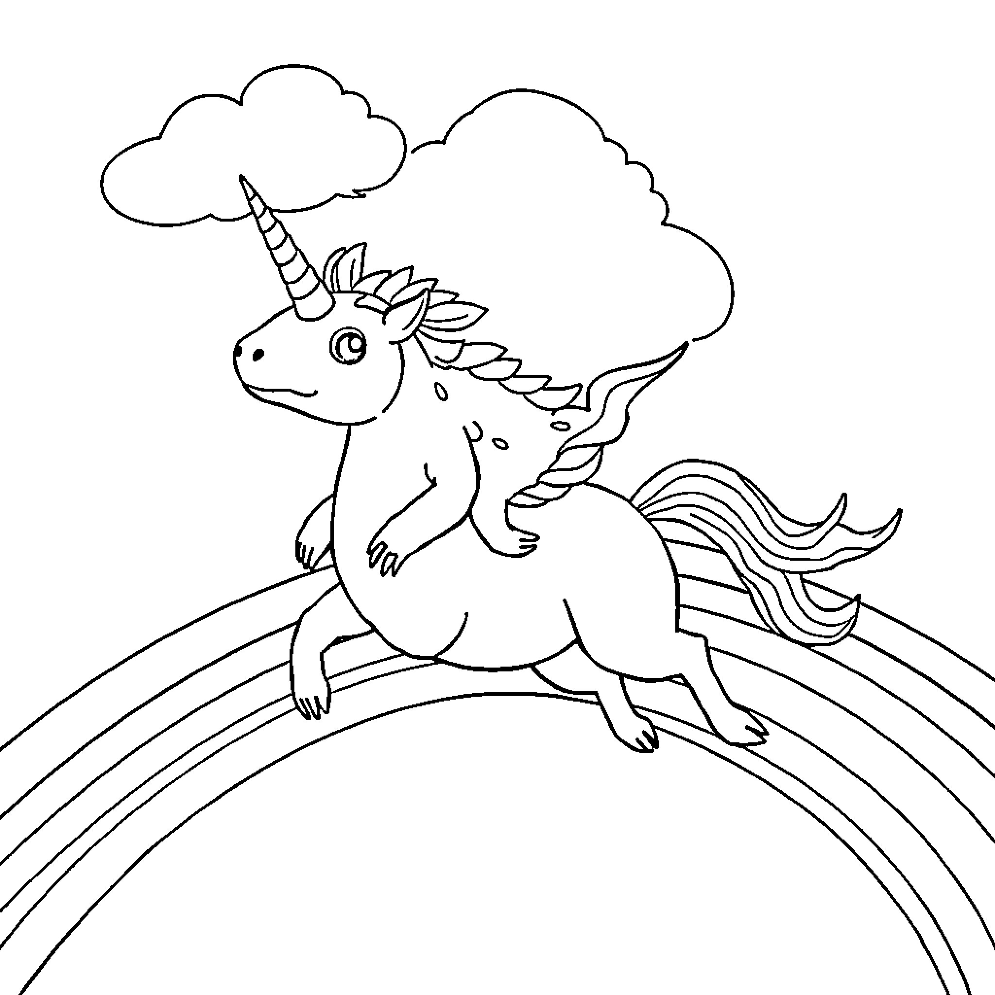 Axolotl riding a unicorn in the clouds Coloring Page (free black-and-white line drawing printable PDF for all, from beginners to advanced learners, including children, teens, adults, and seniors)