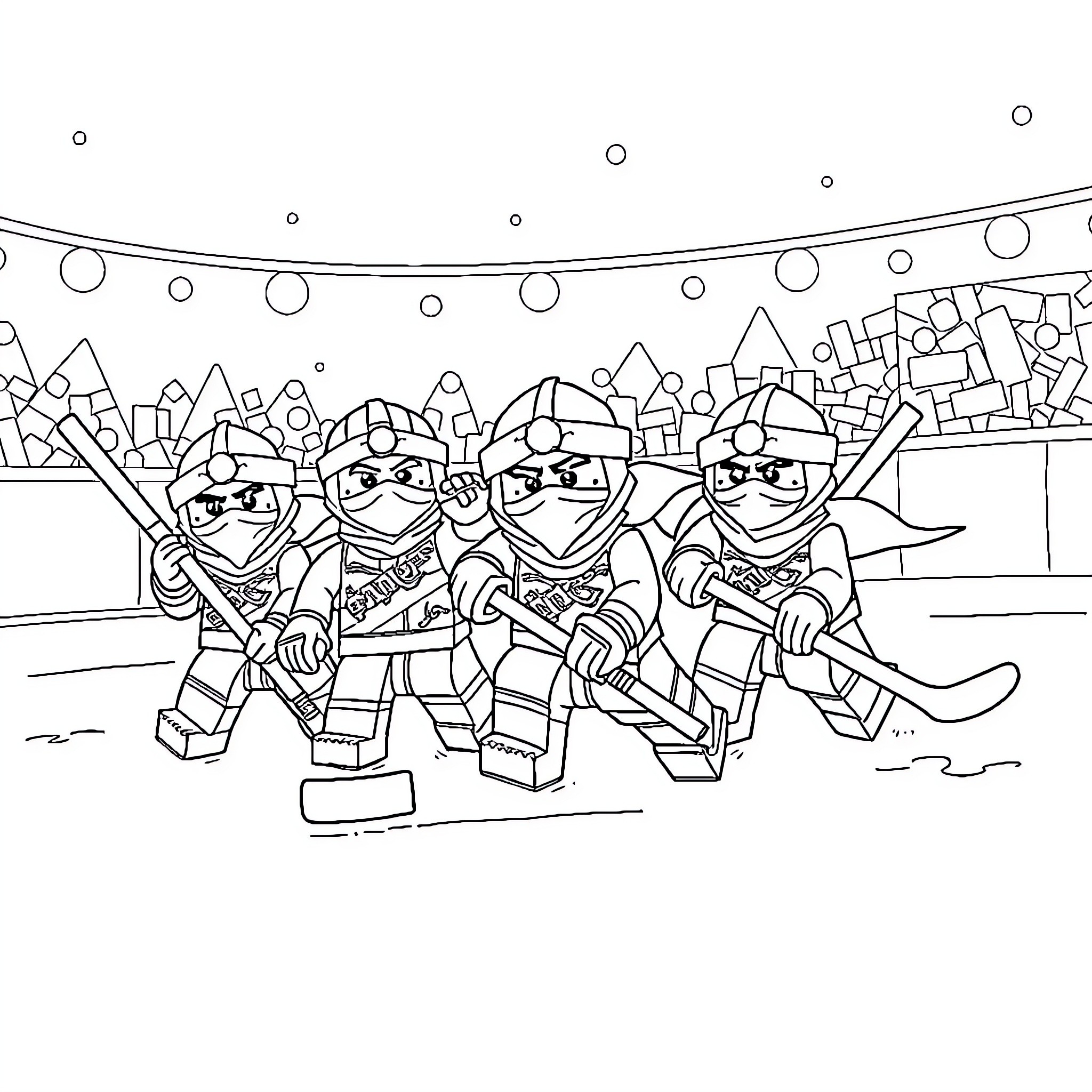 Ninjago Ninja Warriors Battling in City at Night Coloring Page (free black-and-white line drawing printable PDF for all, from beginners to advanced learners, including children, teens, adults, and seniors)
