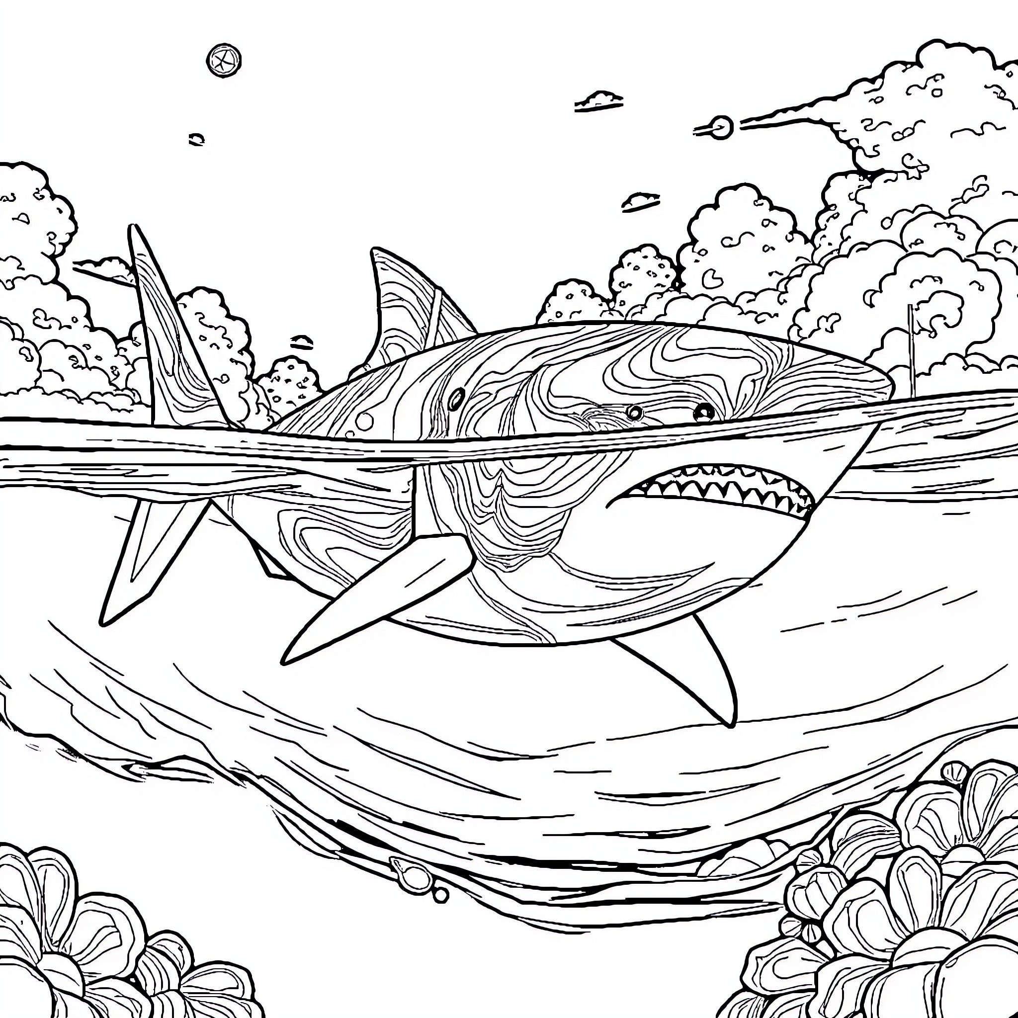 Ship of the Seas Navigating Through Whimsical Waves Coloring Page (free black-and-white line drawing printable PDF for all, from beginners to advanced learners, including children, teens, adults, and seniors)