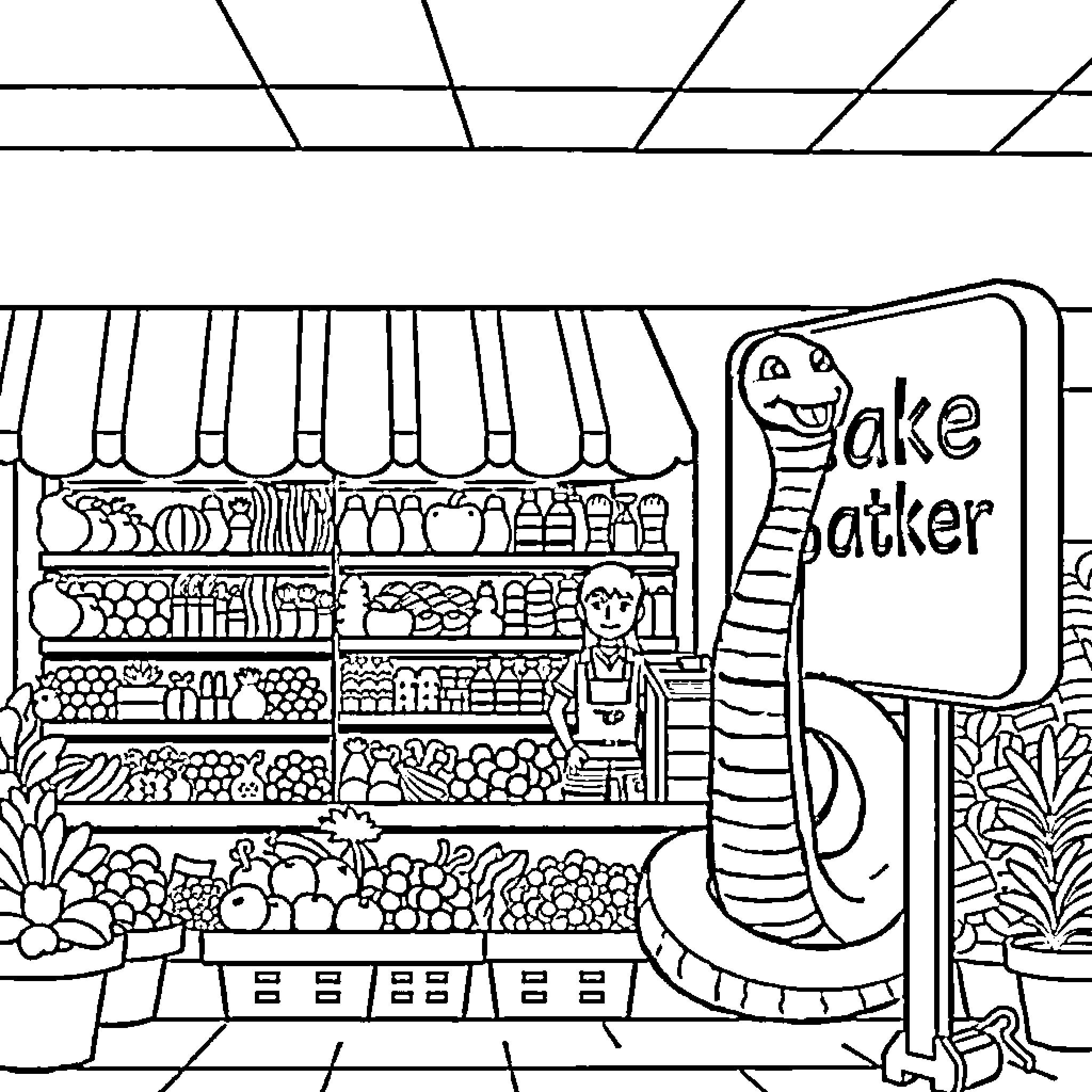 Snake Worker Serving Customers at a Snack Stand Coloring Page (free black-and-white line drawing printable PDF for all, from beginners to advanced learners, including children, teens, adults, and seniors)