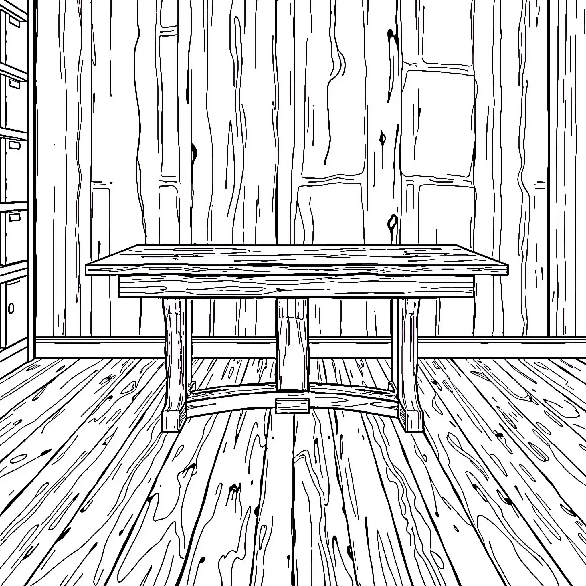 Table in rustic wooden room Coloring Page (free black-and-white line drawing printable PDF for all, from beginners to advanced learners, including children, teens, adults, and seniors)