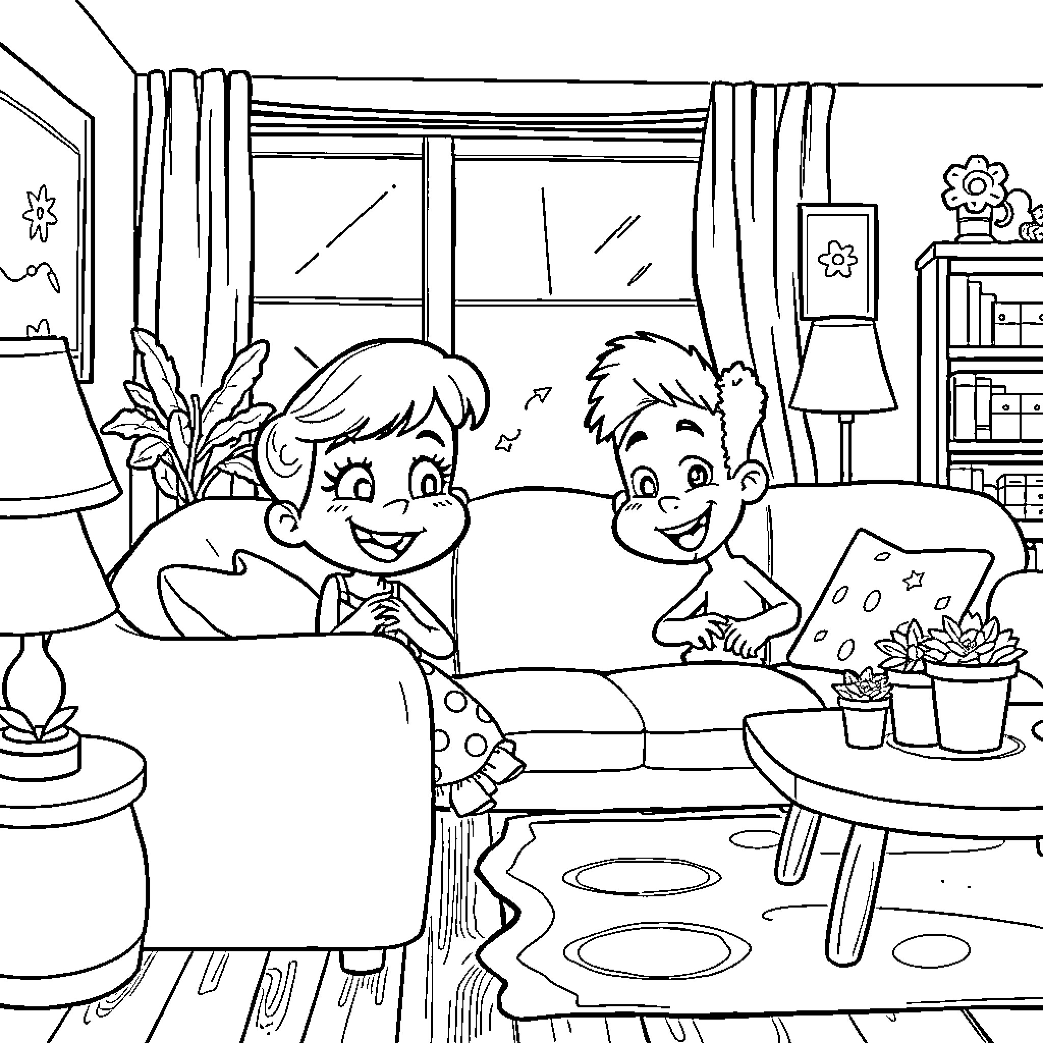 Gabby Gabby Enjoying Quality Time with Loved One Coloring Page (free black-and-white line drawing printable PDF for all, from beginners to advanced learners, including children, teens, adults, and seniors)